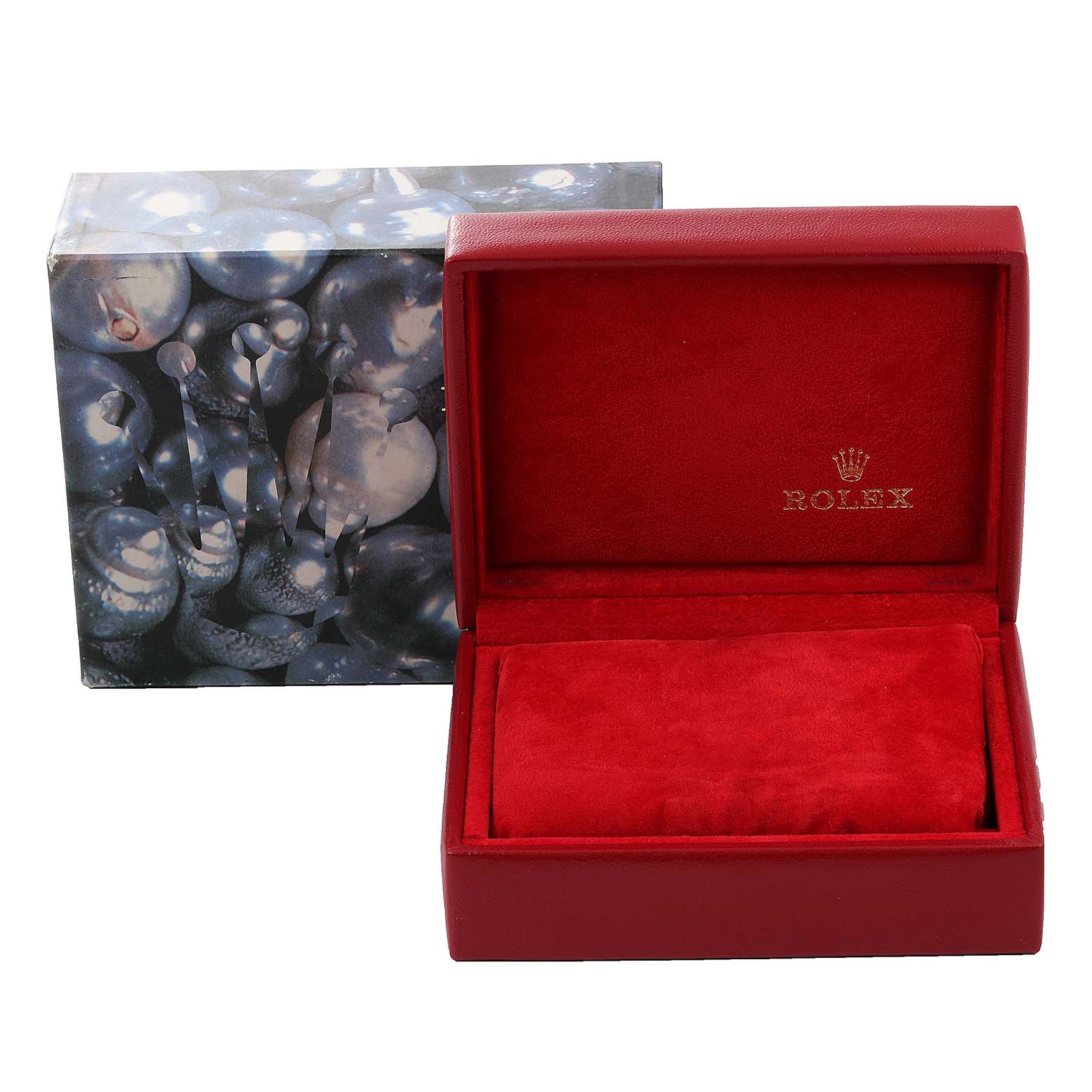 The image shows the packaging, including a red interior box and an outer box, for a Rolex Datejust 69174 Women's Stainless Steel Blue Dial 69174 Women's Stainless Steel Blue Dial watch.