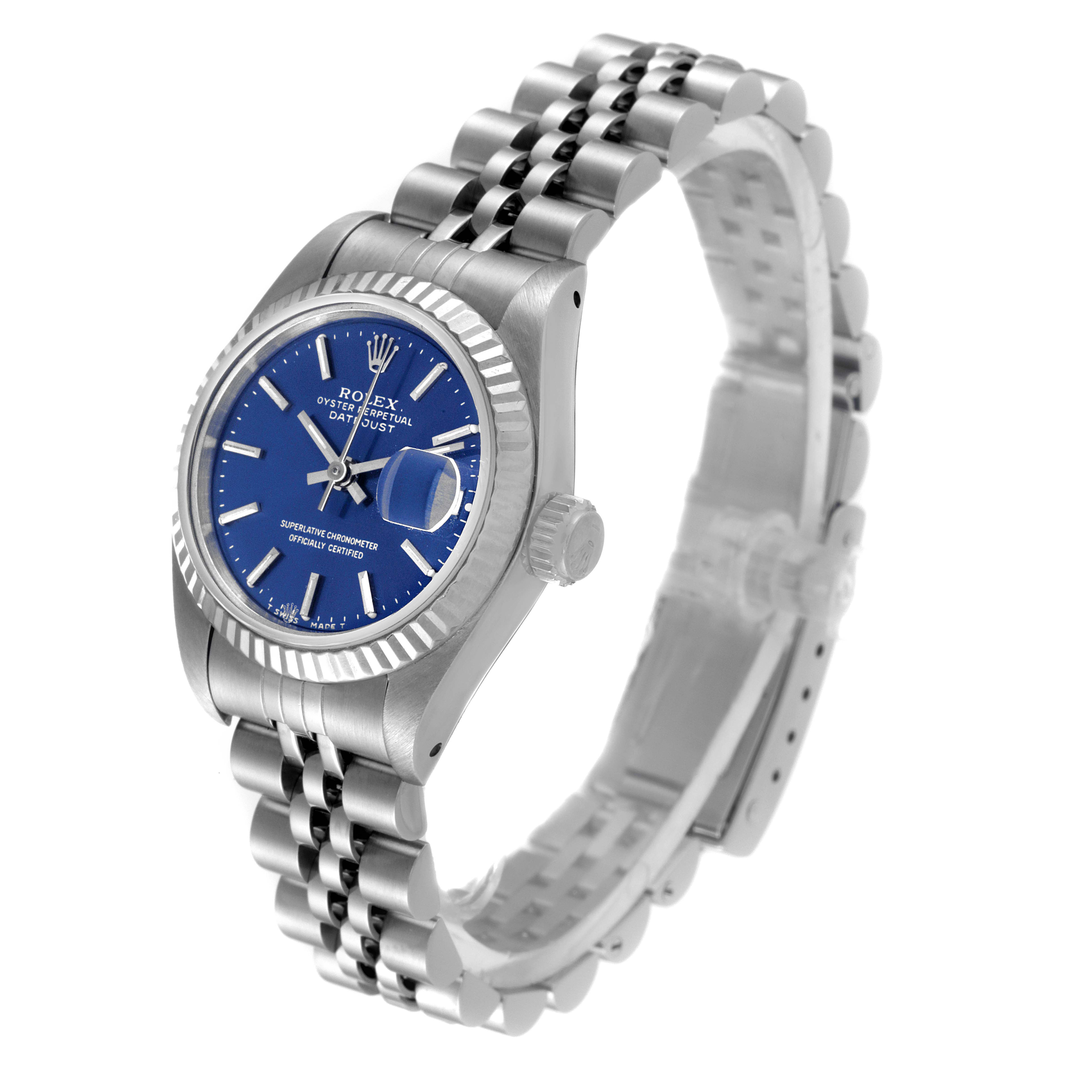 The Rolex Datejust 69174 Women's Stainless Steel Blue Dial 69174 Women's Stainless Steel Blue Dial watch is shown from an angled view, highlighting its blue dial, fluted bezel, and Jubilee bracelet.