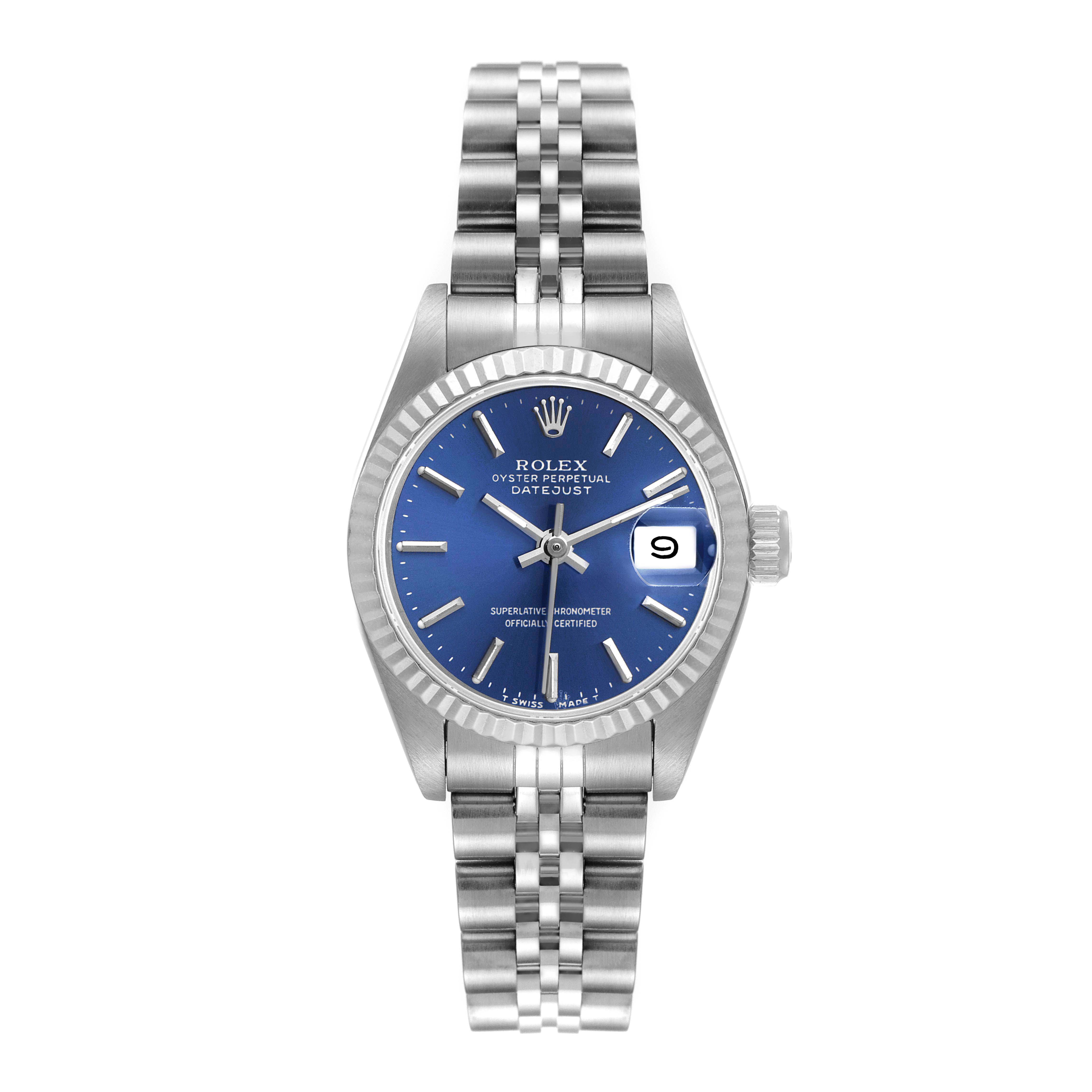 The Rolex Datejust 69174 Women's Stainless Steel Blue Dial 69174 Women's Stainless Steel Blue Dial watch is shown from a front angle, displaying its blue dial, fluted bezel, and Jubilee bracelet.