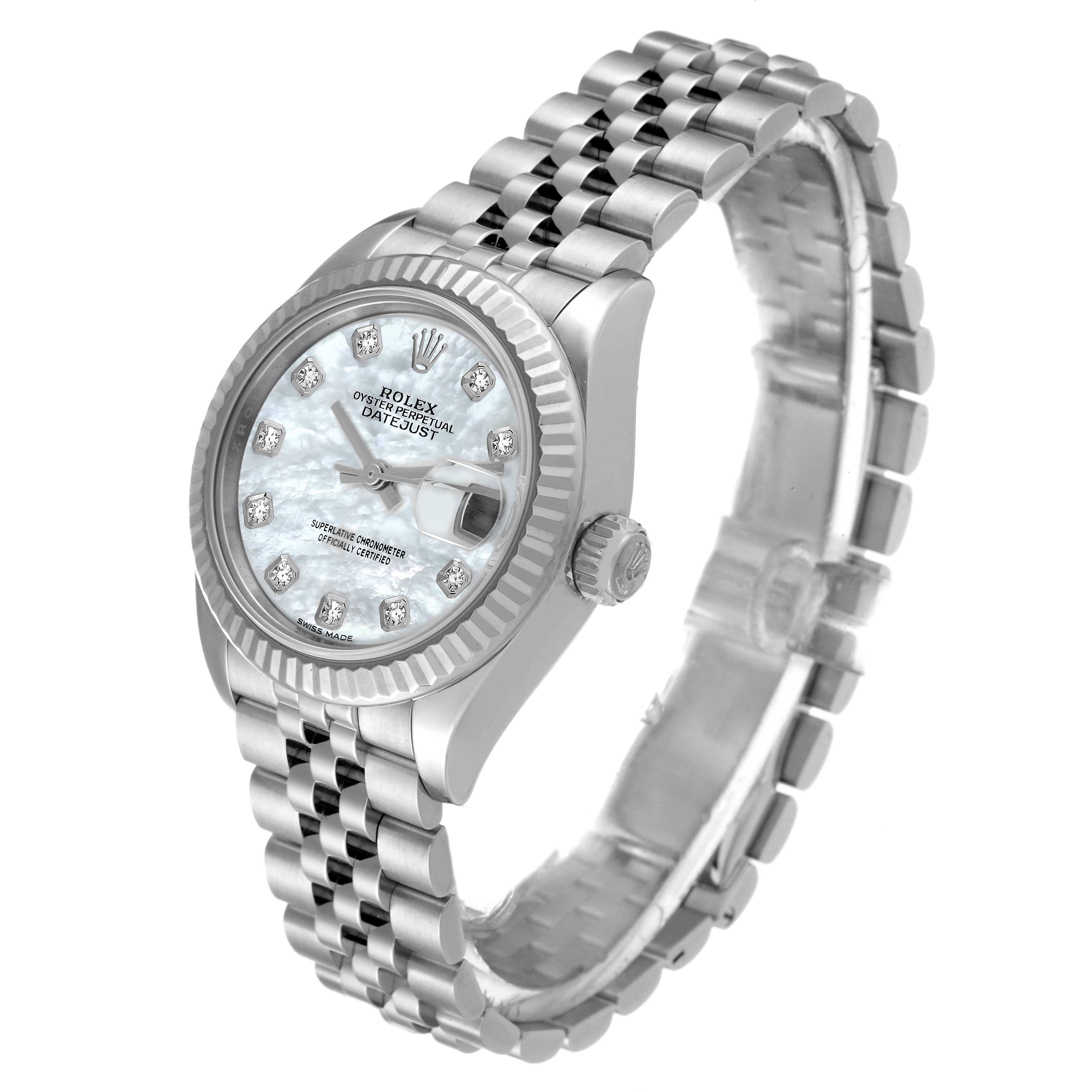 The image shows a Rolex Datejust 279174 Women's Stainless Steel Mother of Pearl Dial 279174 Women's Stainless Steel Mother of Pearl Dial watch at a slight angle, displaying its dial, bezel, case, and bracelet.