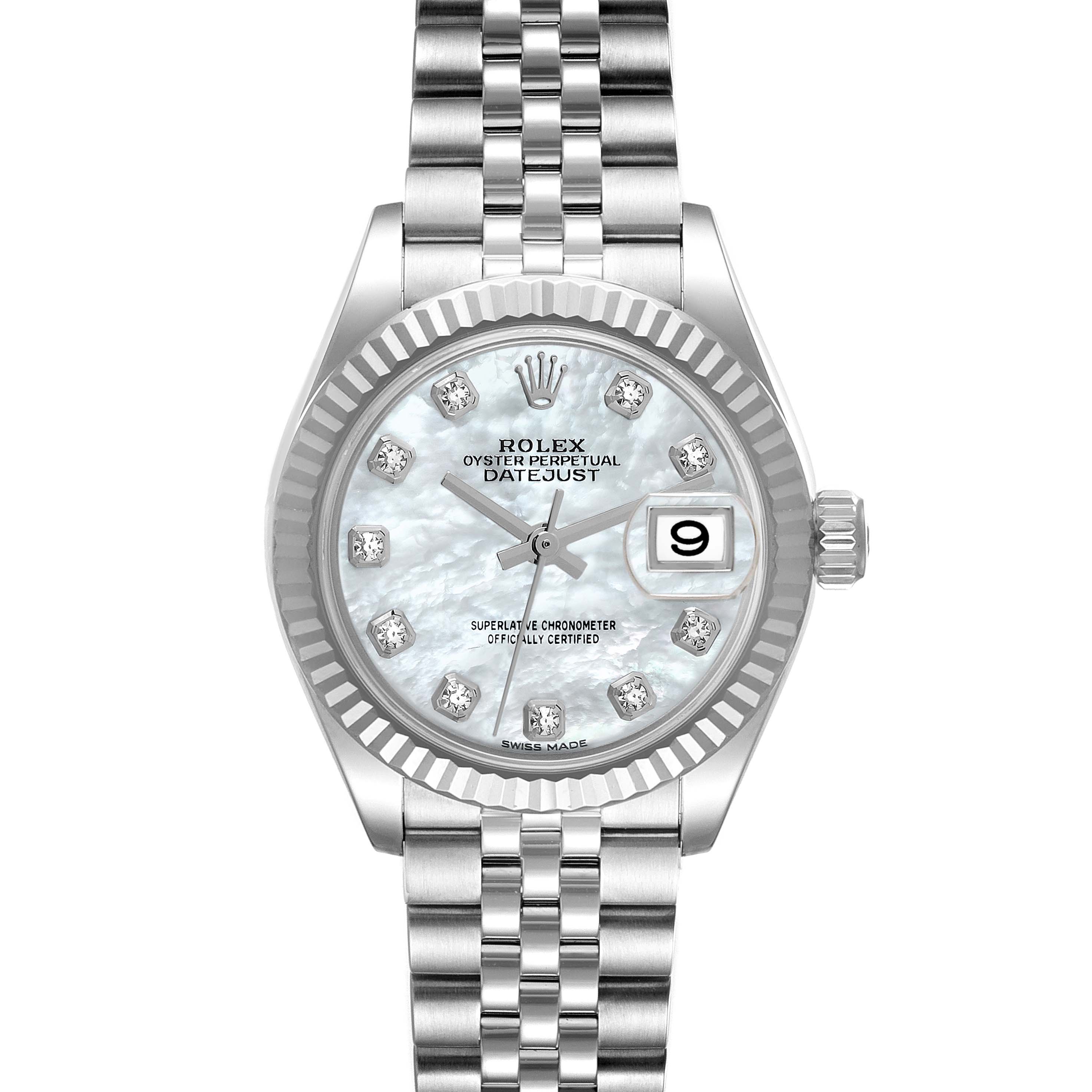 This image shows a front view of the Rolex Datejust 279174 Women's Stainless Steel Mother of Pearl Dial 279174 Women's Stainless Steel Mother of Pearl Dial watch, featuring the dial, bezel, bracelet, and date window.