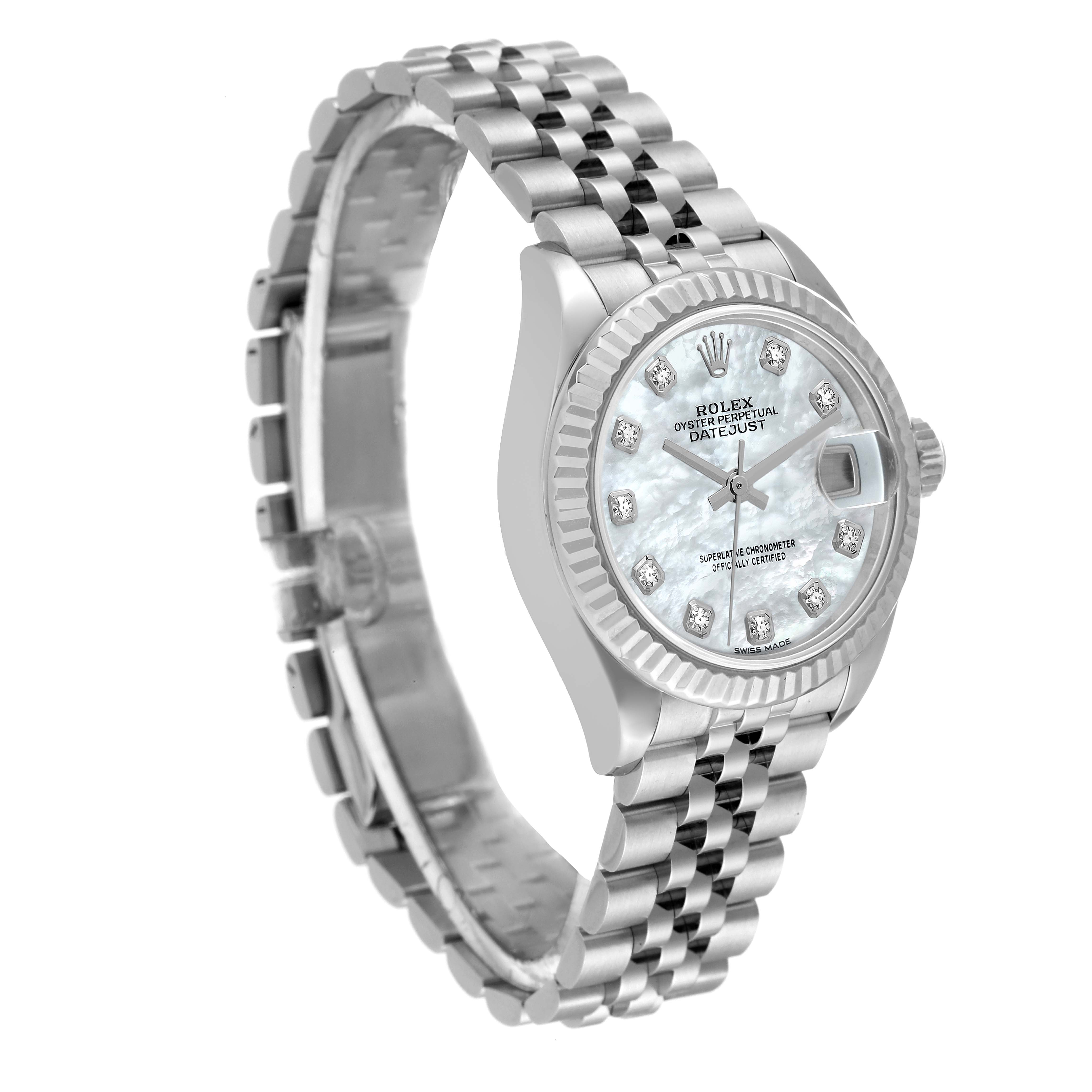 The image shows a Rolex Datejust 279174 Women's Stainless Steel Mother of Pearl Dial 279174 Women's Stainless Steel Mother of Pearl Dial watch at an angled view, highlighting the face, bracelet, and partially the side profile.