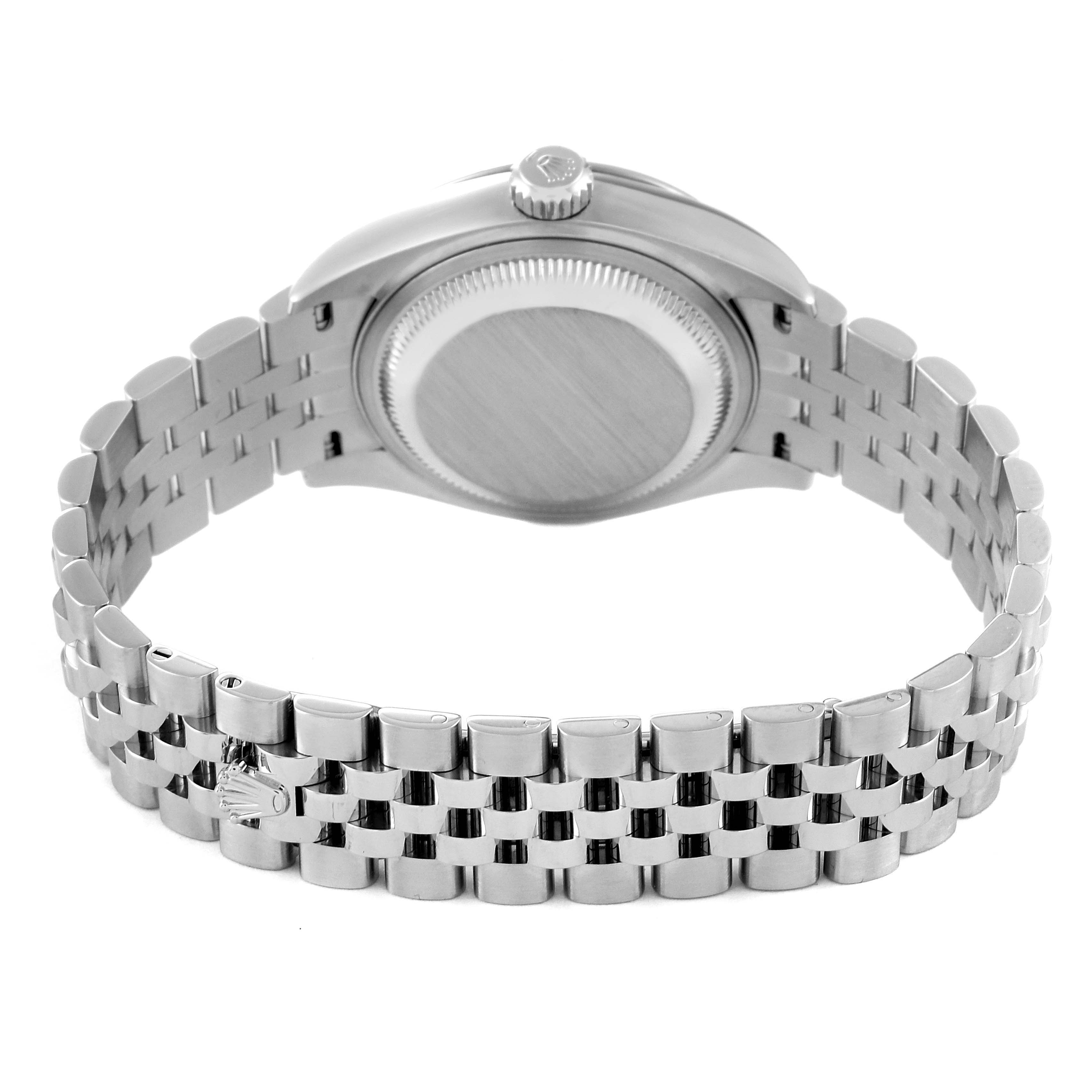 This image shows the backside and bracelet of a Rolex Datejust 279174 Women's Stainless Steel Mother of Pearl Dial 279174 Women's Stainless Steel Mother of Pearl Dial watch at a slight upward angle.