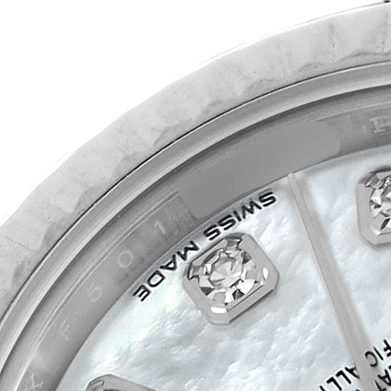A close-up of the Rolex Datejust 279174 Women's Stainless Steel Mother of Pearl Dial 279174 Women's Stainless Steel Mother of Pearl Dial model watch, showing part of the dial, bezel, and diamond markers.