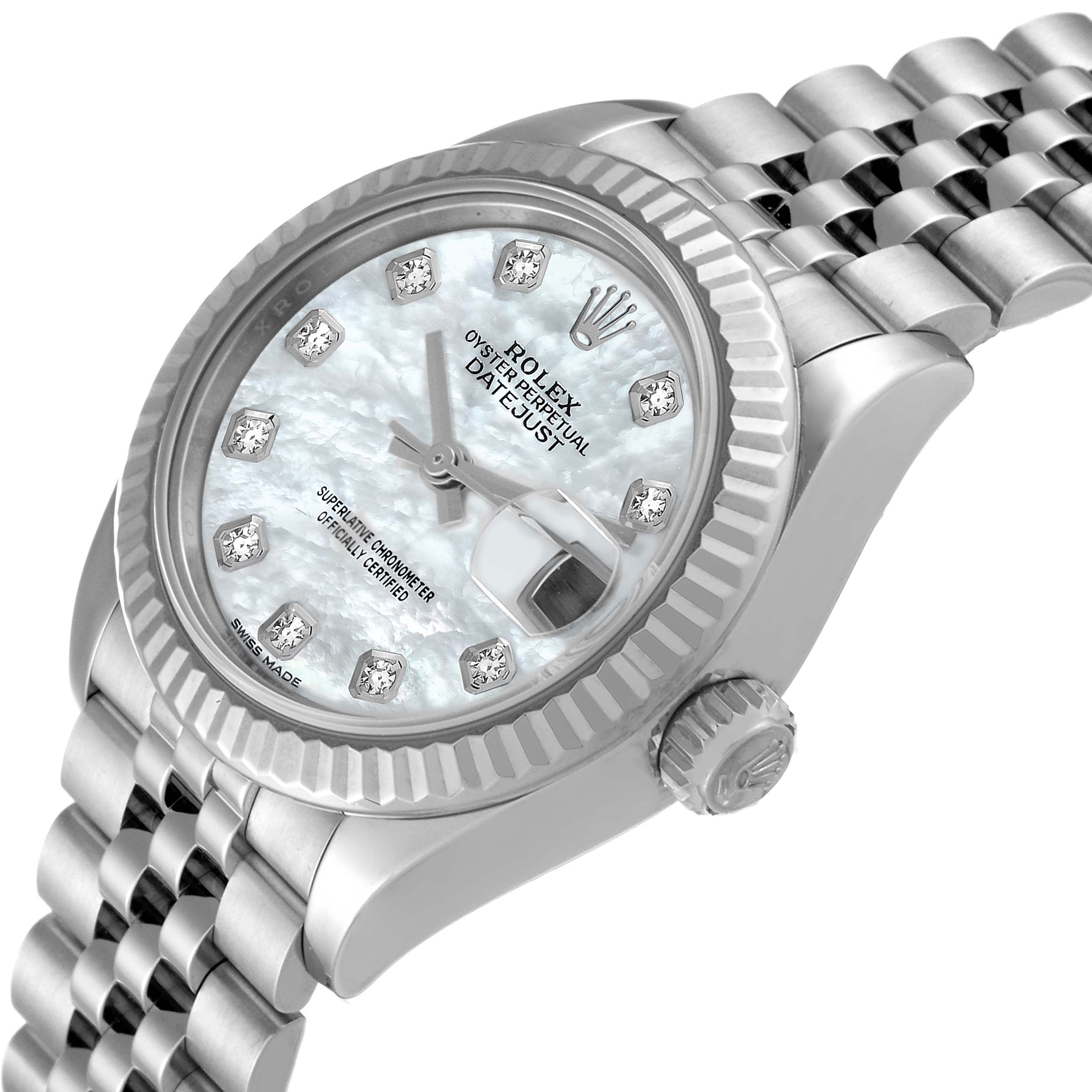 This image shows a Rolex Datejust 279174 Women's Stainless Steel Mother of Pearl Dial 279174 Women's Stainless Steel Mother of Pearl Dial watch from an angled side view, highlighting the dial, bezel, and bracelet.