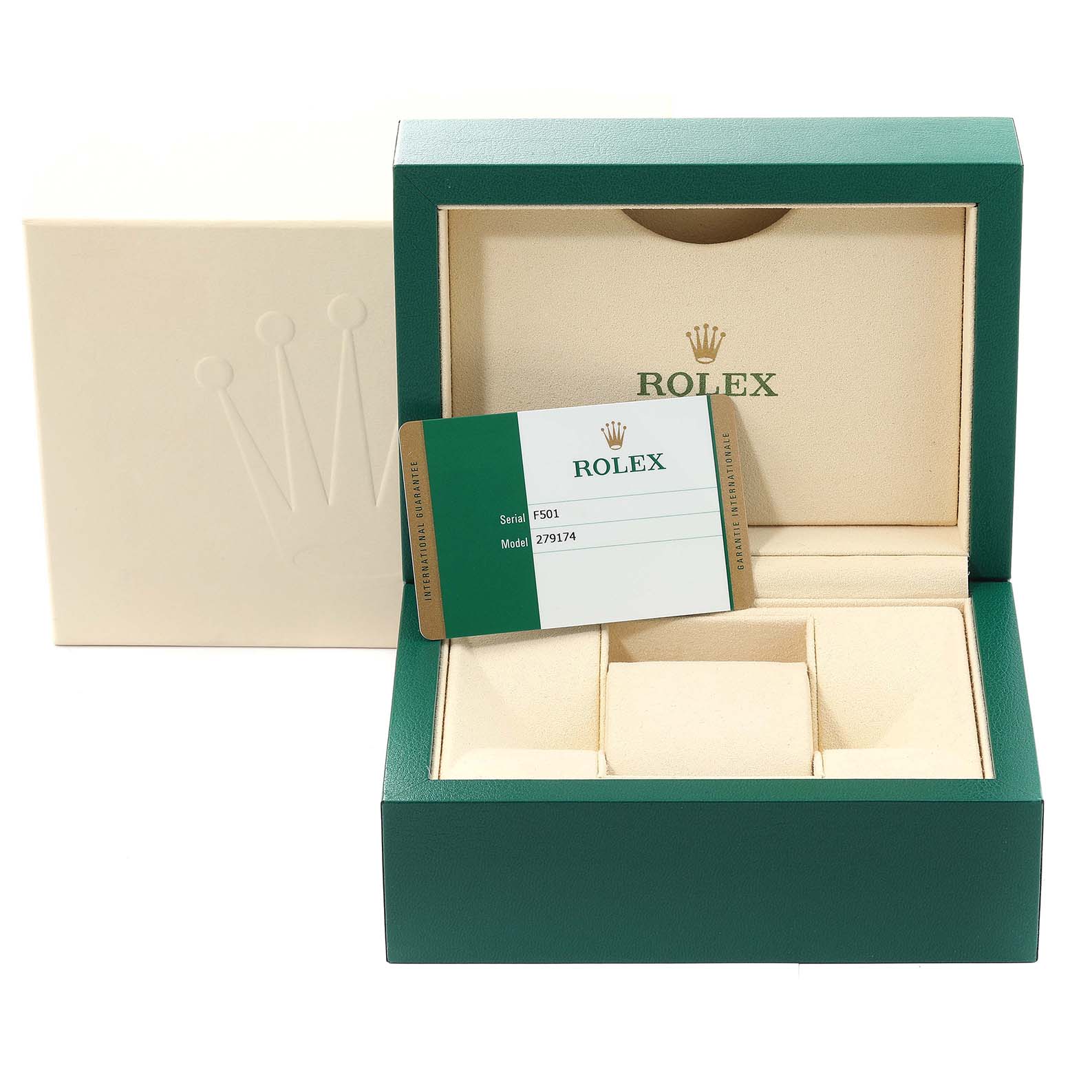 The image shows an open Rolex Datejust 279174 Women's Stainless Steel Mother of Pearl Dial 279174 Women's Stainless Steel Mother of Pearl Dial watch box with a warranty card inside.
