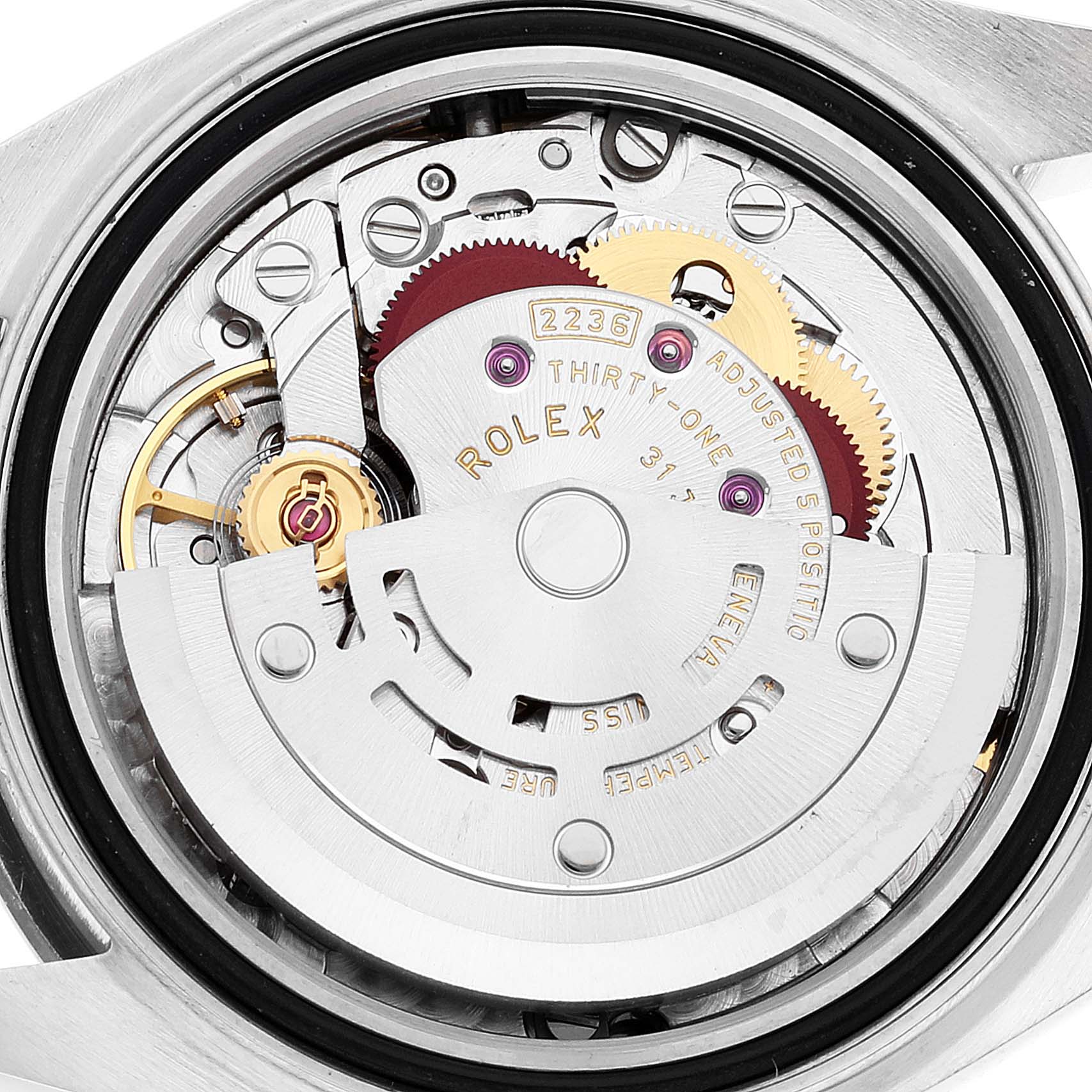 This image shows the internal movement mechanism of a Rolex Datejust 279174 Women's Stainless Steel Mother of Pearl Dial 279174 Women's Stainless Steel Mother of Pearl Dial watch from a close-up, rear angle.