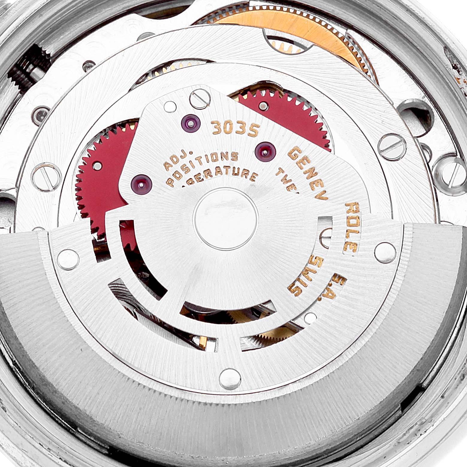 The image shows the intricate inner workings and movement mechanism of a Rolex Datejust 16014 Men's Stainless Steel Silver Dial 16014 Men's Stainless Steel Silver Dial watch.