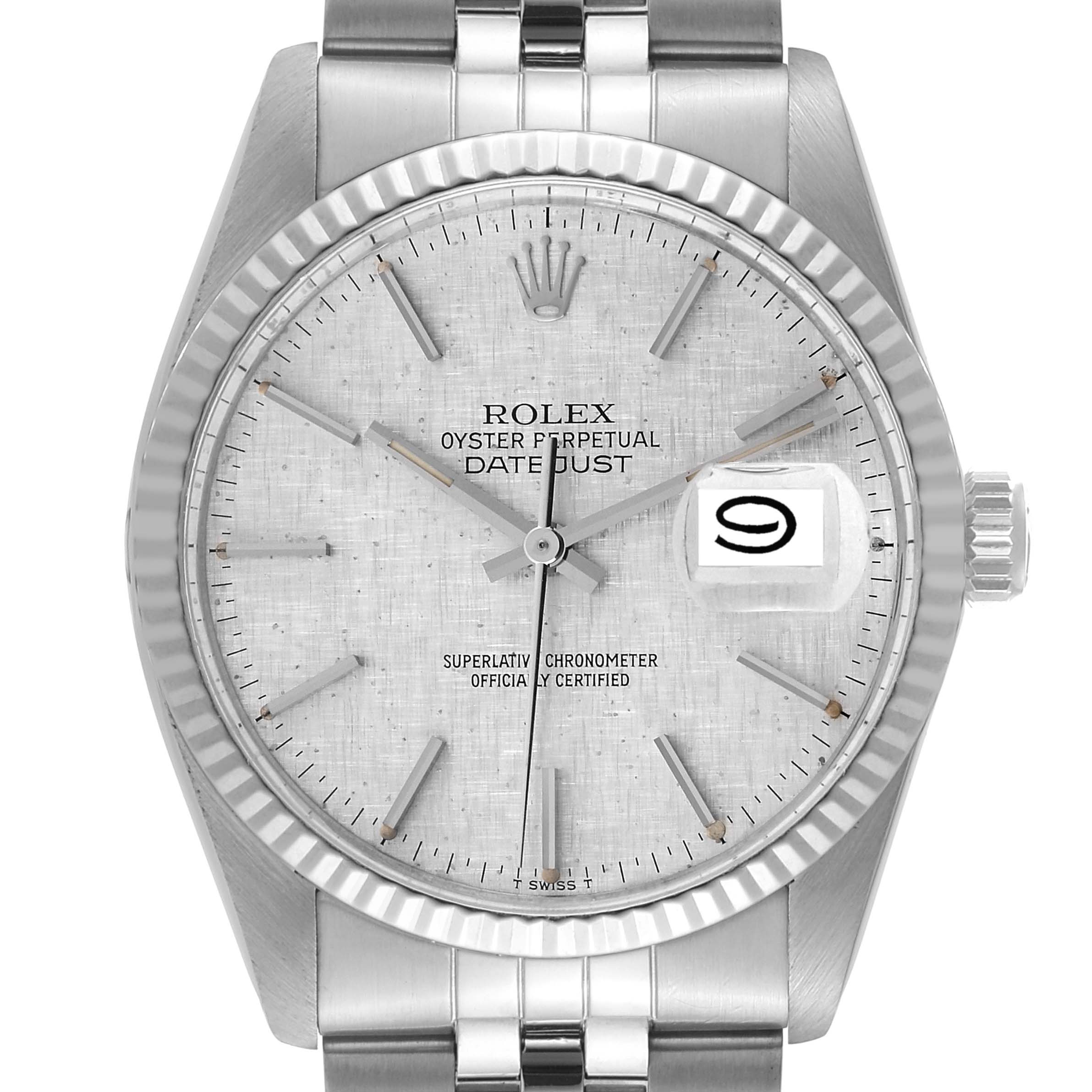 This image shows a front view of a Rolex Datejust 16014 Men's Stainless Steel Silver Dial 16014 Men's Stainless Steel Silver Dial watch, highlighting the dial, bezel, hands, date window, and bracelet.