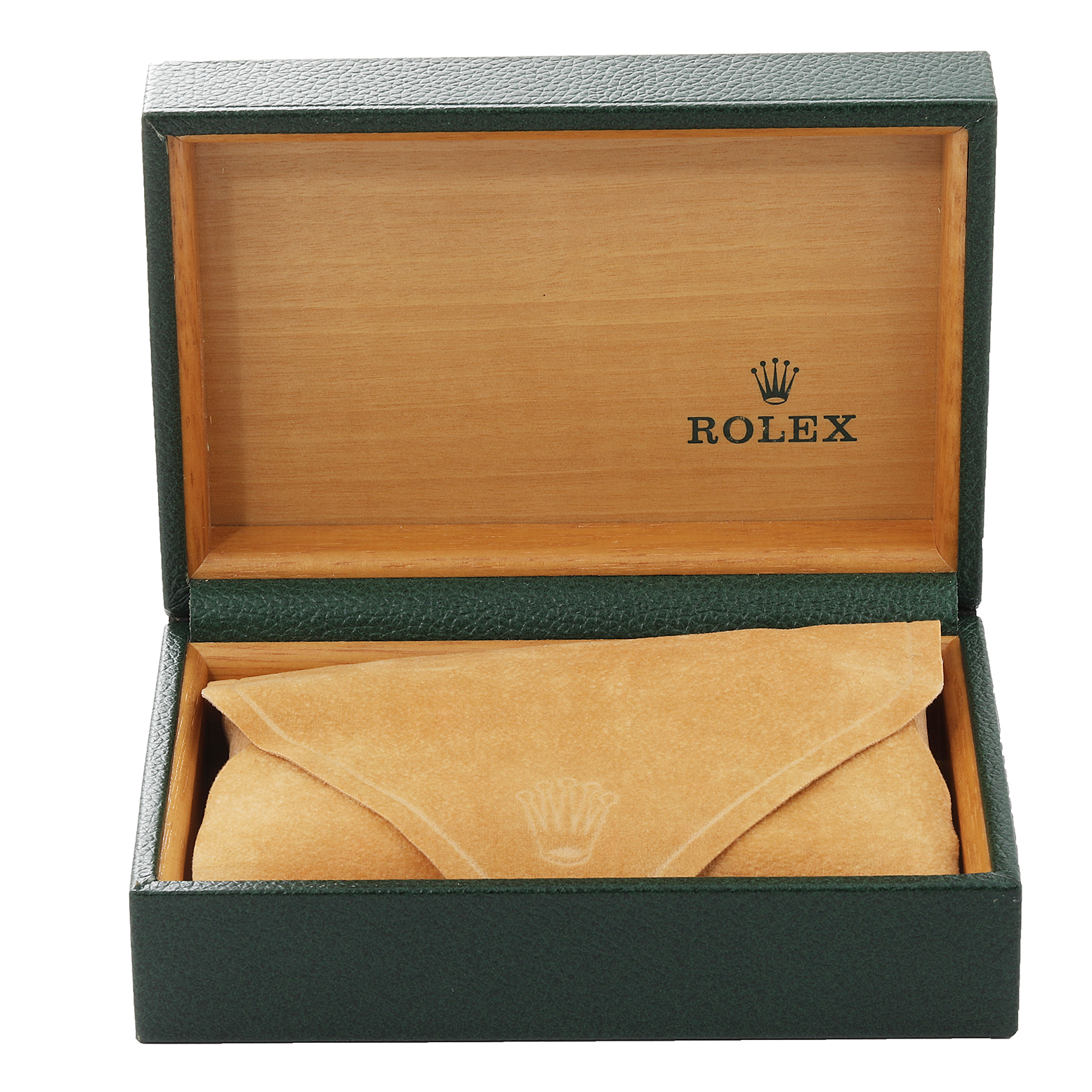 The image shows an open Rolex box with a suede pouch inside, intended for the Datejust model.