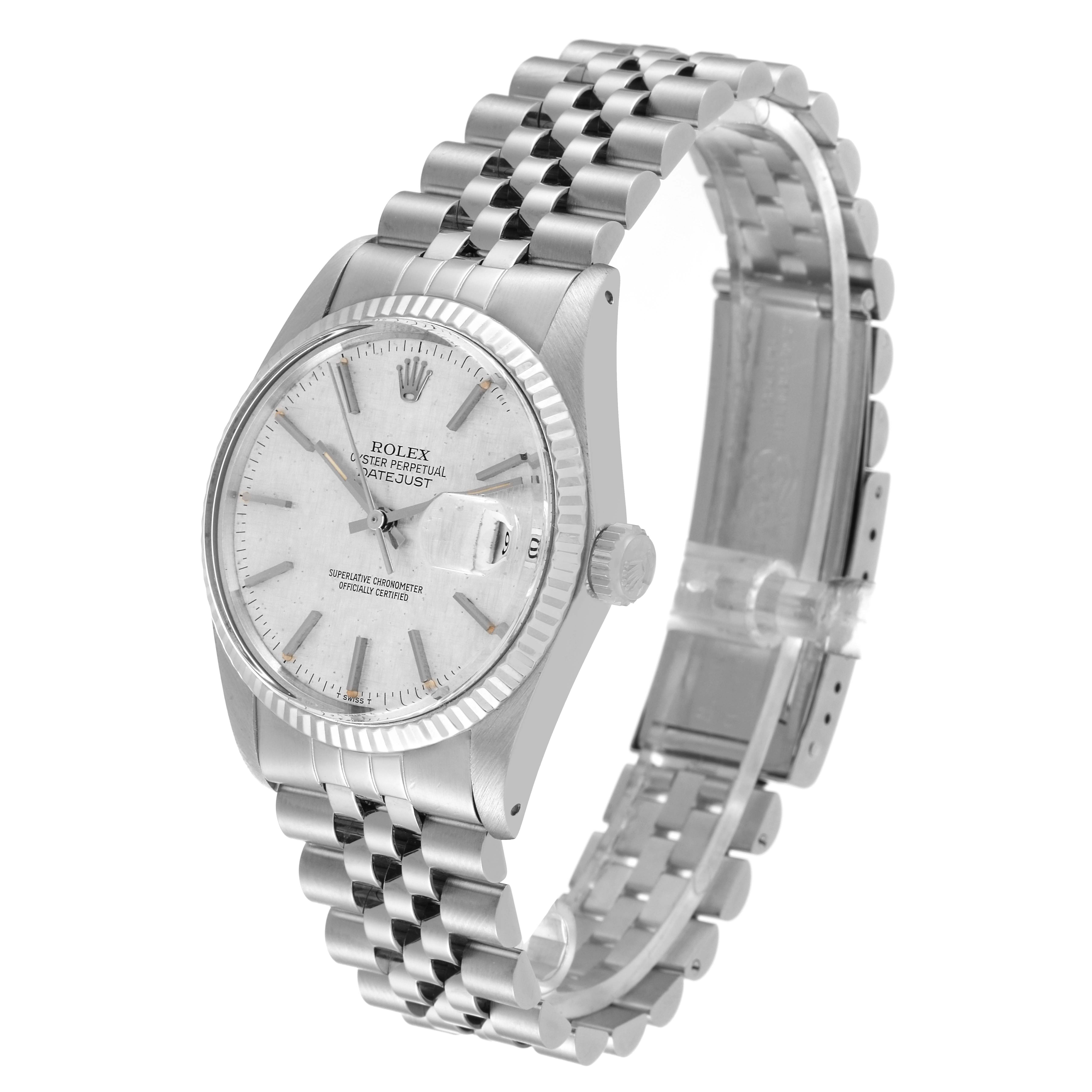 The image shows a side angle of a Rolex Datejust 16014 Men's Stainless Steel Silver Dial 16014 Men's Stainless Steel Silver Dial watch with its face, crown, and stainless steel bracelet visible.