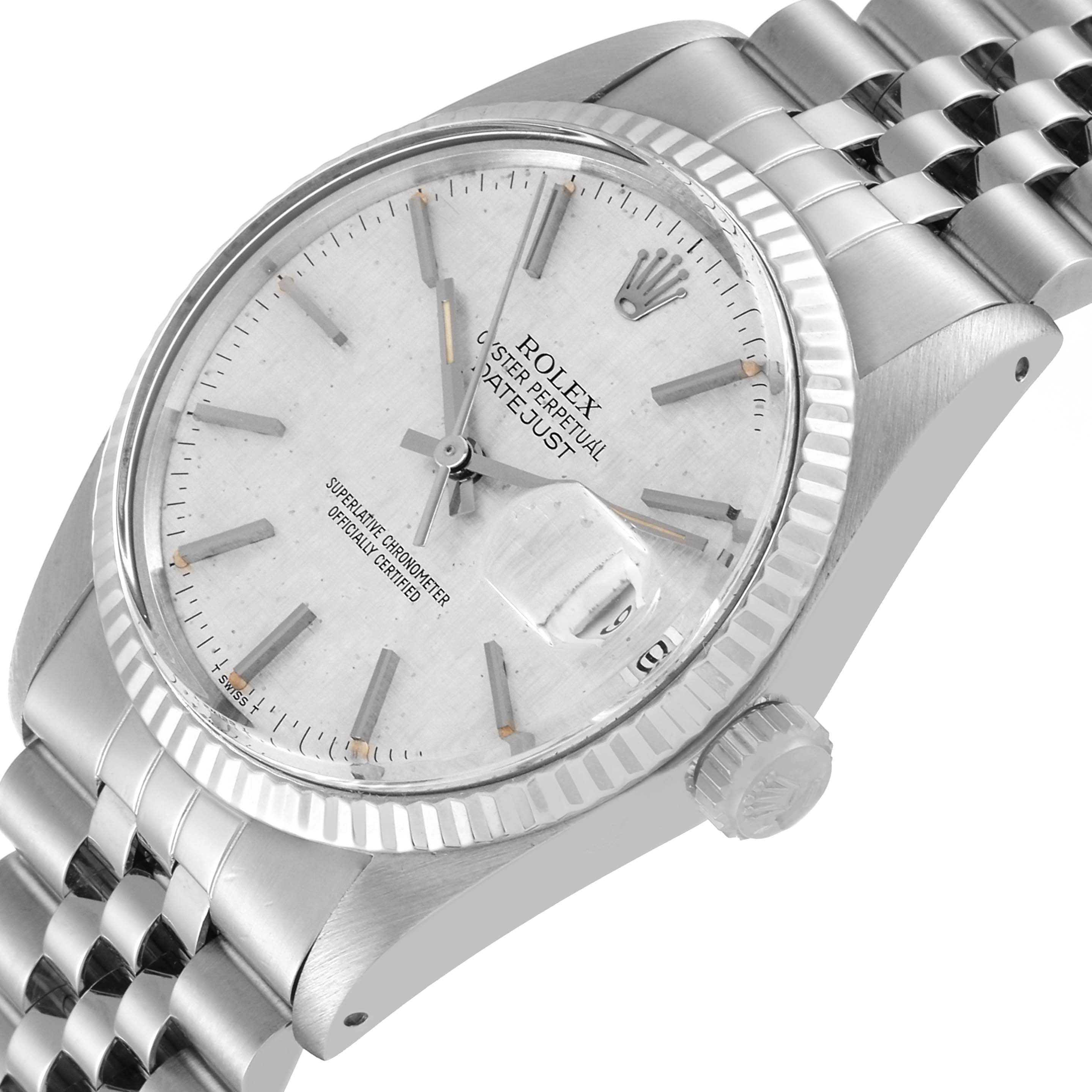 The Rolex Datejust 16014 Men's Stainless Steel Silver Dial 16014 Men's Stainless Steel Silver Dial watch is angled showing the dial, bezel, crown, and part of the bracelet.