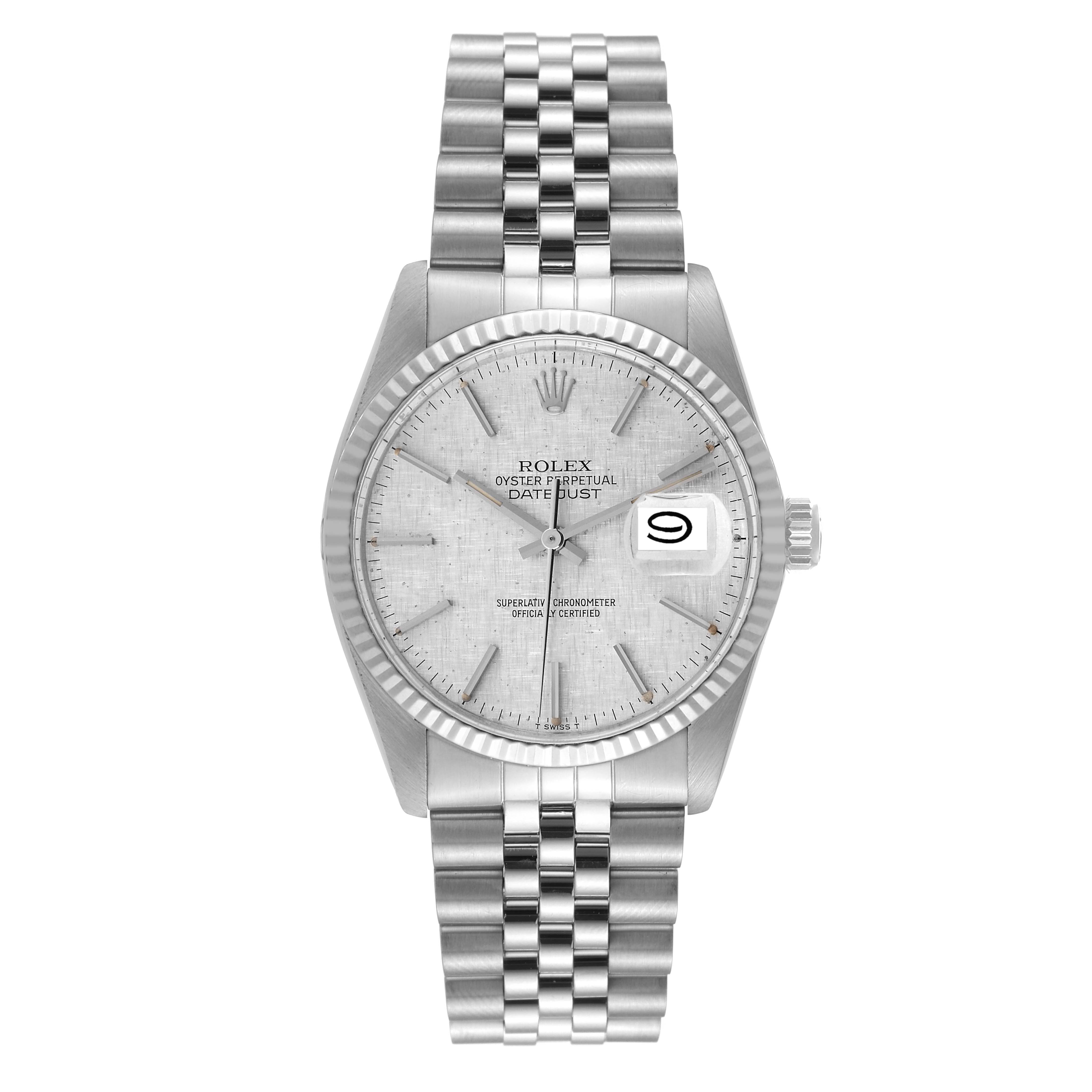 The Rolex Datejust 16014 Men's Stainless Steel Silver Dial 16014 Men's Stainless Steel Silver Dial watch is shown from a straight-on angle displaying the dial, bezel, crown, and bracelet.