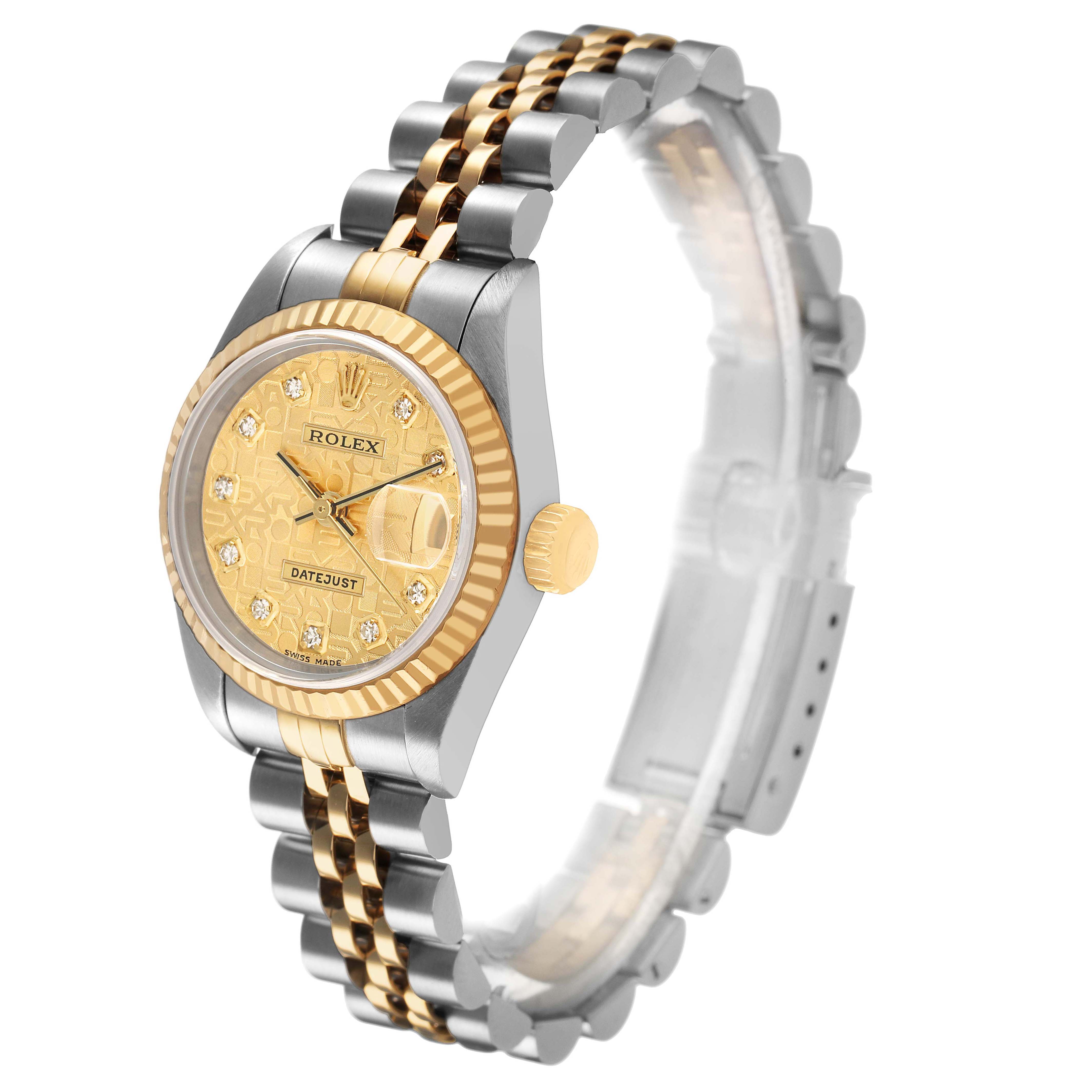 The Rolex Datejust 79173 Women's Steel and Gold (two tone) Champagne Dial watch is shown at a front angle, highlighting the gold dial, fluted bezel, and two-tone Jubilee bracelet.