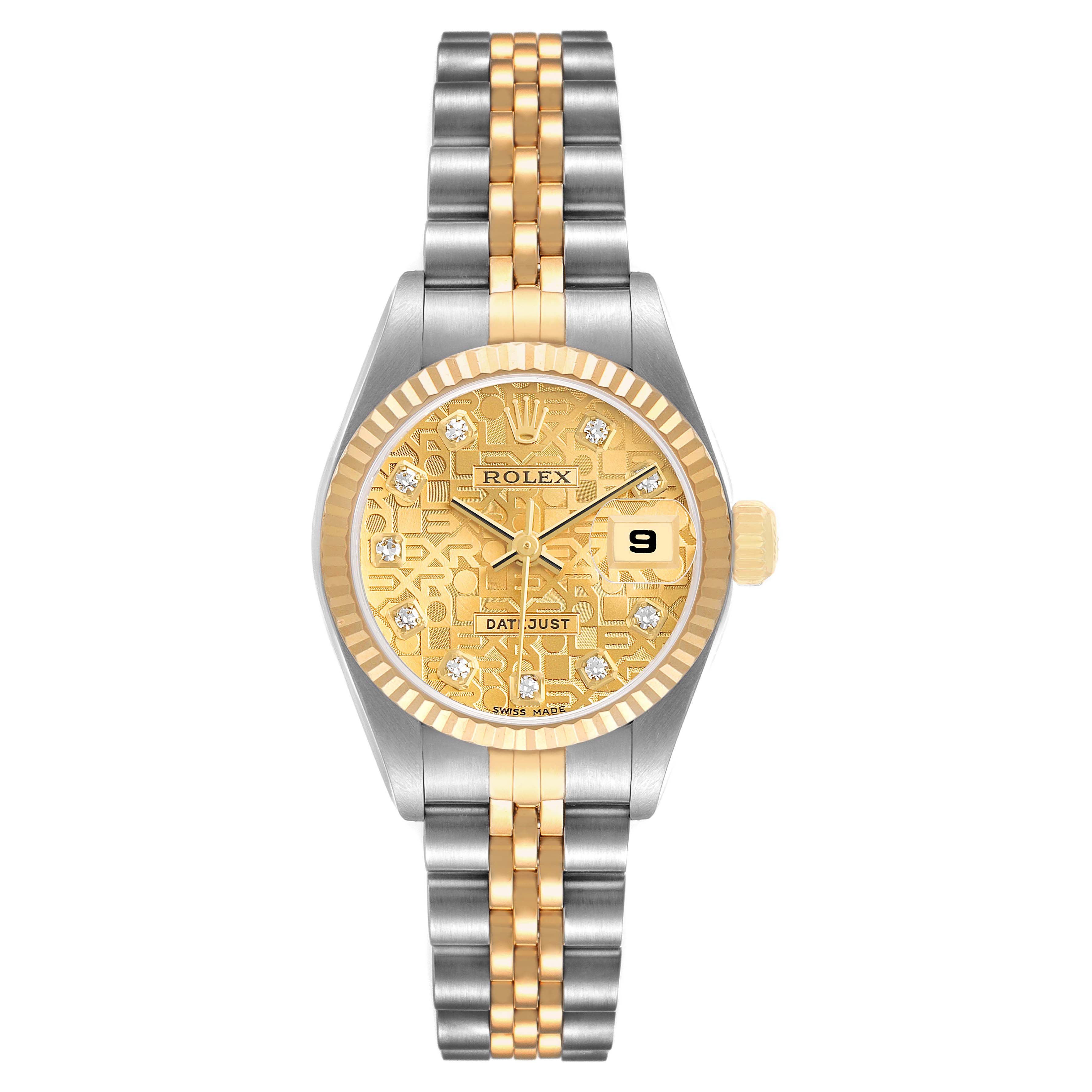 The Rolex Datejust 79173 Women's Steel and Gold (two tone) Champagne Dial watch is shown from a top-down angle, displaying the face, bezel, and two-tone bracelet.
