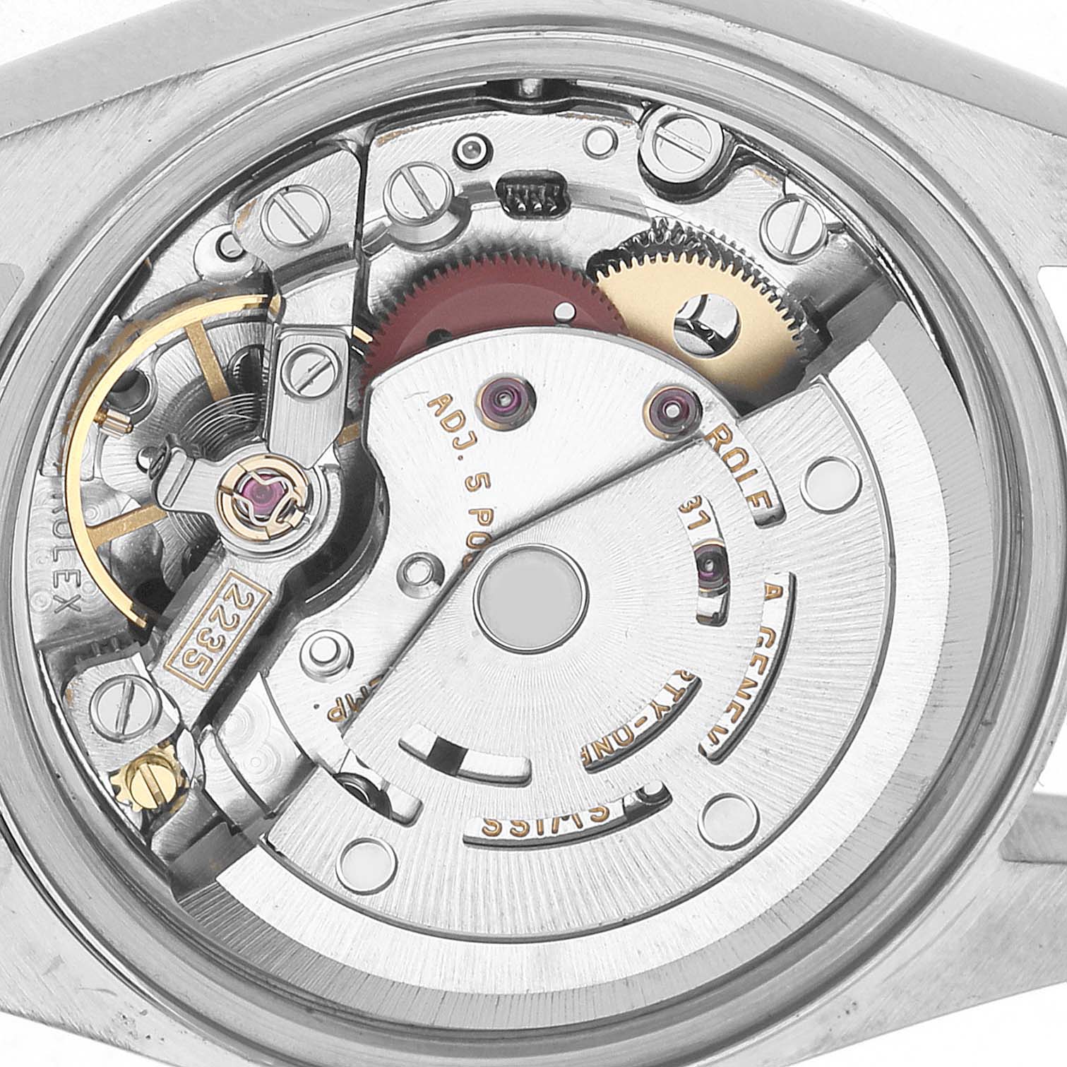 The image shows the movement of a Rolex Datejust 79173 Women's Steel and Gold (two tone) Champagne Dial watch from a top-down angle, highlighting its intricate components.