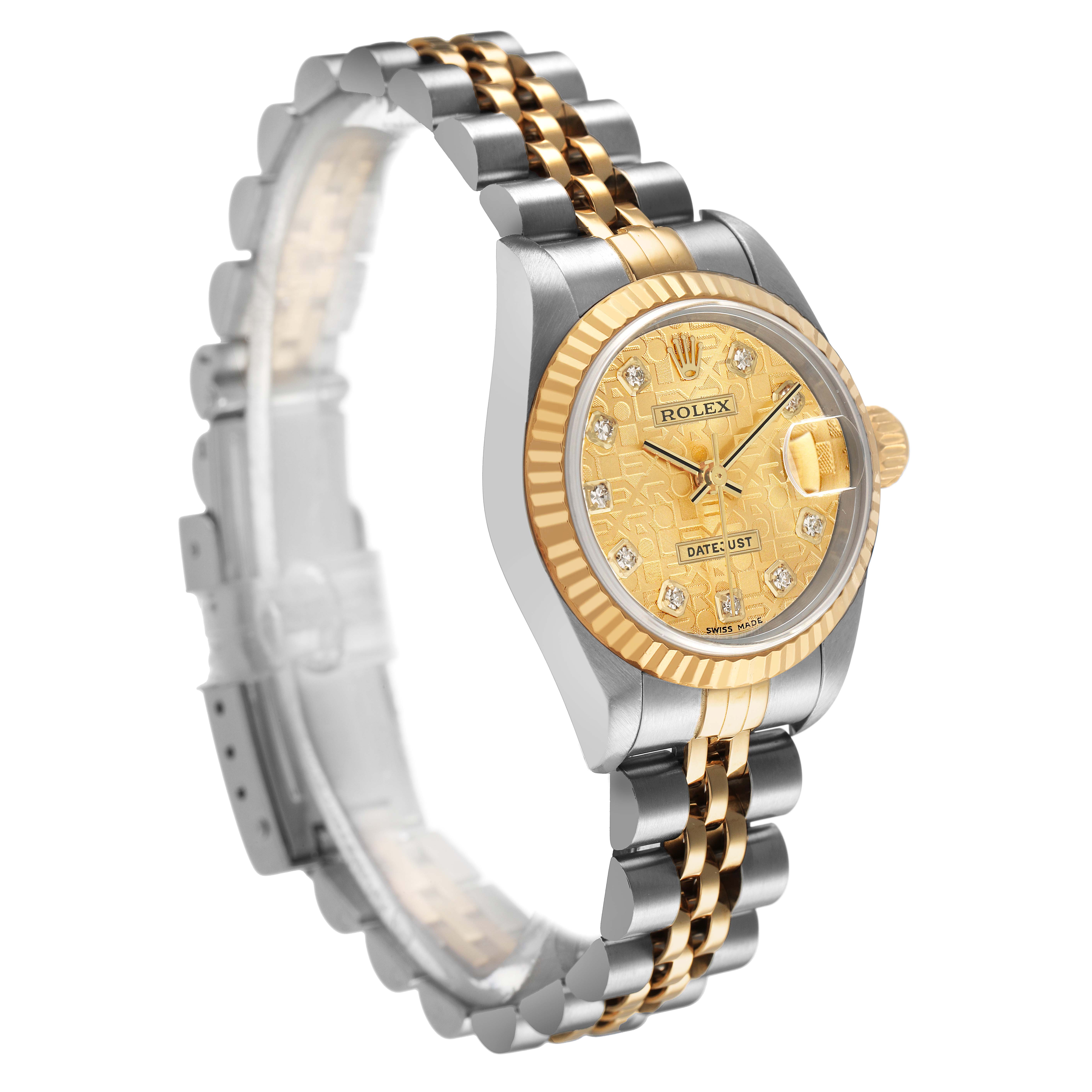 The Rolex Datejust 79173 Women's Steel and Gold (two tone) Champagne Dial watch is shown at a three-quarter angle, highlighting the dial, bezel, and bracelet.