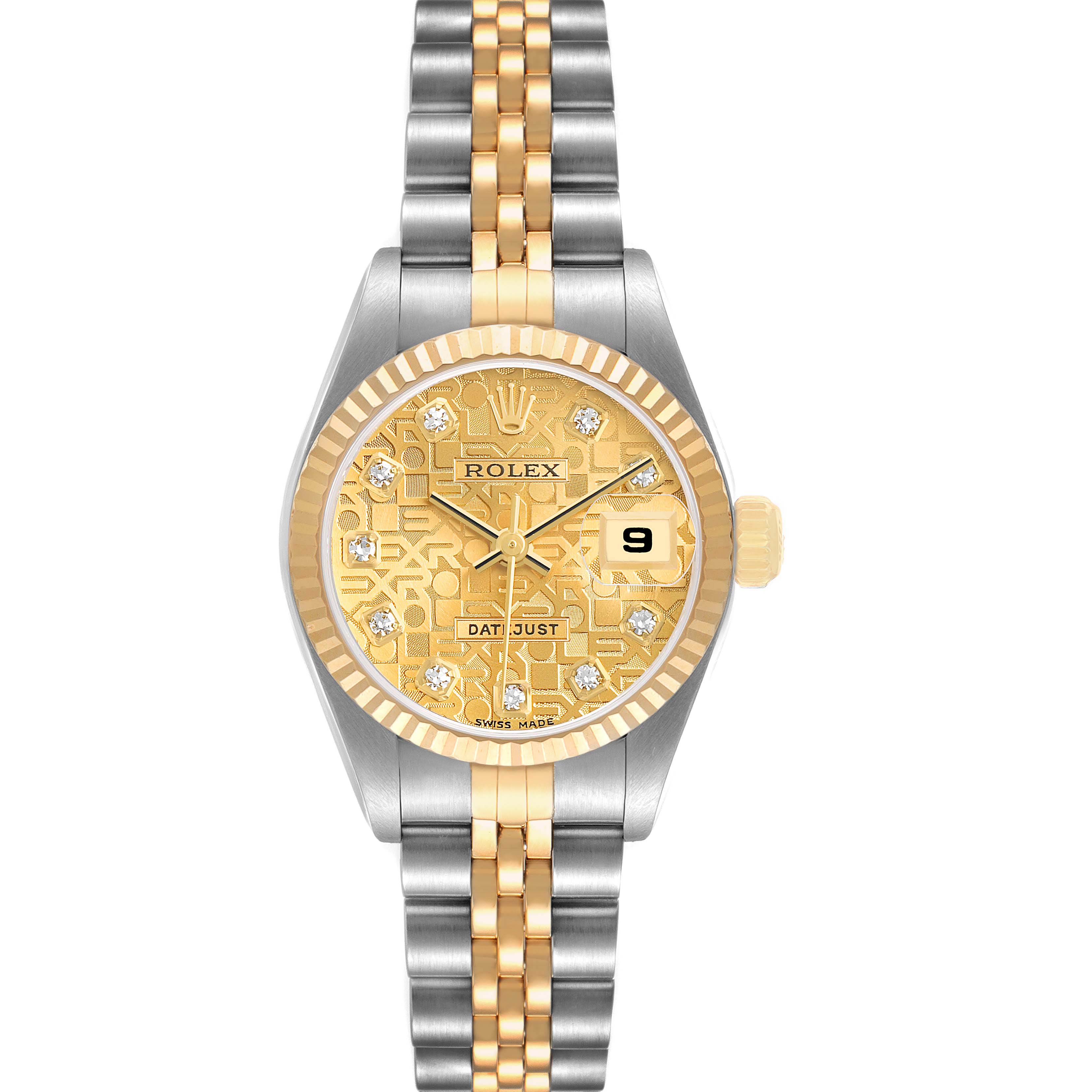 The Rolex Datejust 79173 Women's Steel and Gold (two tone) Champagne Dial watch is shown from the front, displaying its dial, bezel, case, bracelet, and crown.
