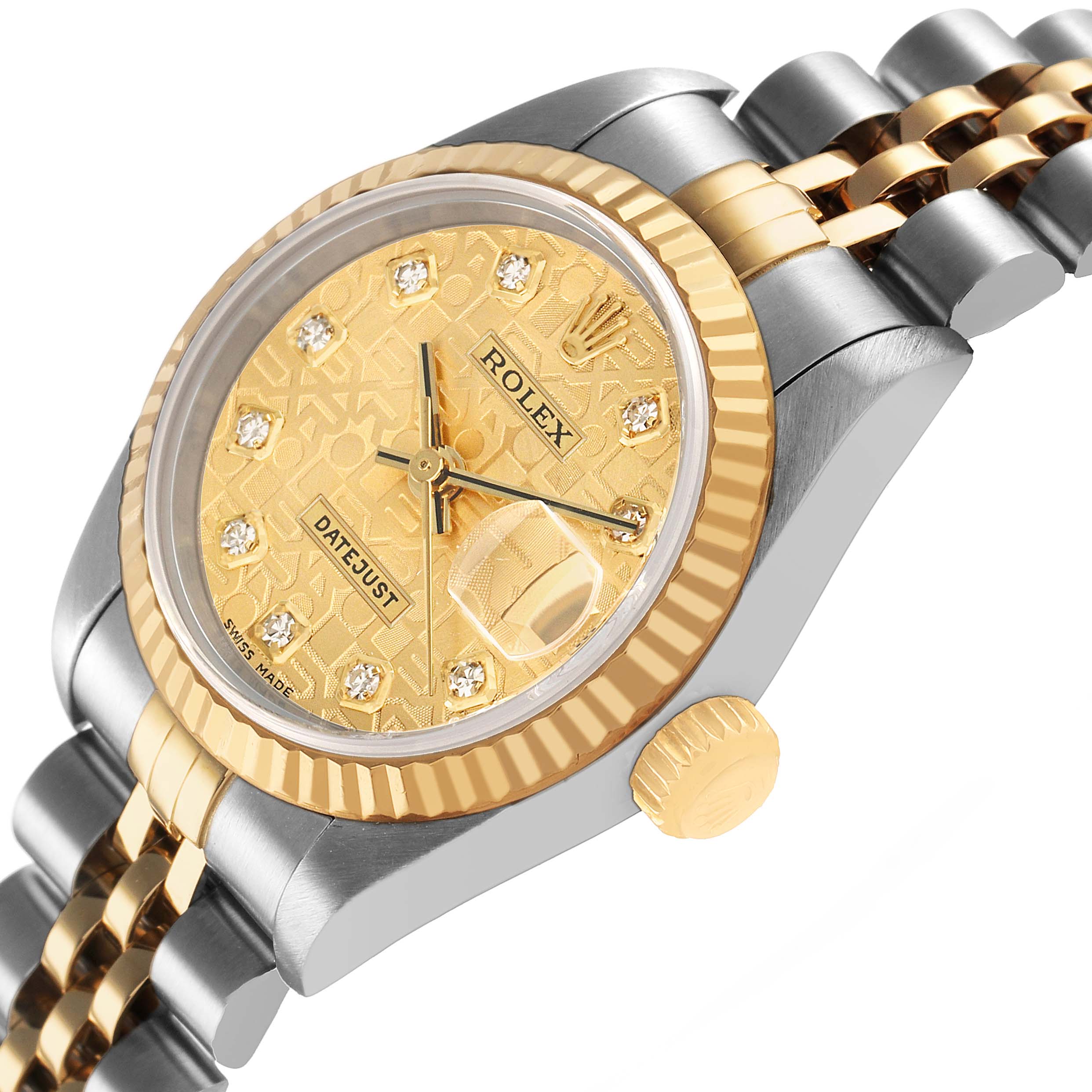 The Rolex Datejust 79173 Women's Steel and Gold (two tone) Champagne Dial watch is shown at an angle highlighting its face, bezel, crown, and part of the bracelet.