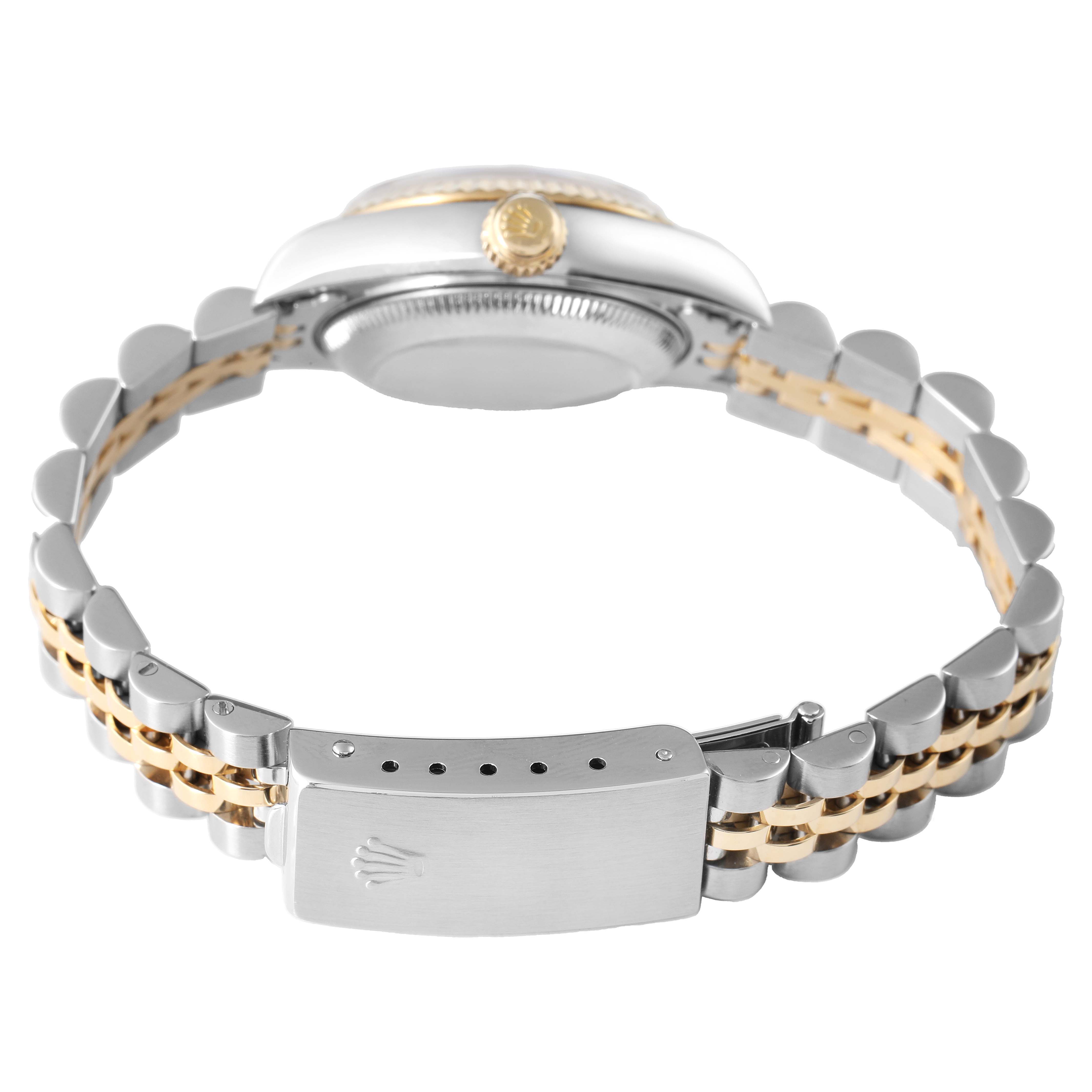 The image shows the side view of a Rolex Datejust 79173 Women's Steel and Gold (two tone) Champagne Dial watch focusing on the bracelet and clasp.