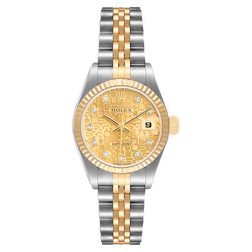 The Rolex Datejust 79173 Women's Steel and Gold (two tone) Champagne Dial watch is shown from a top view, highlighting the bezel, dial, hands, bracelet, and date feature.