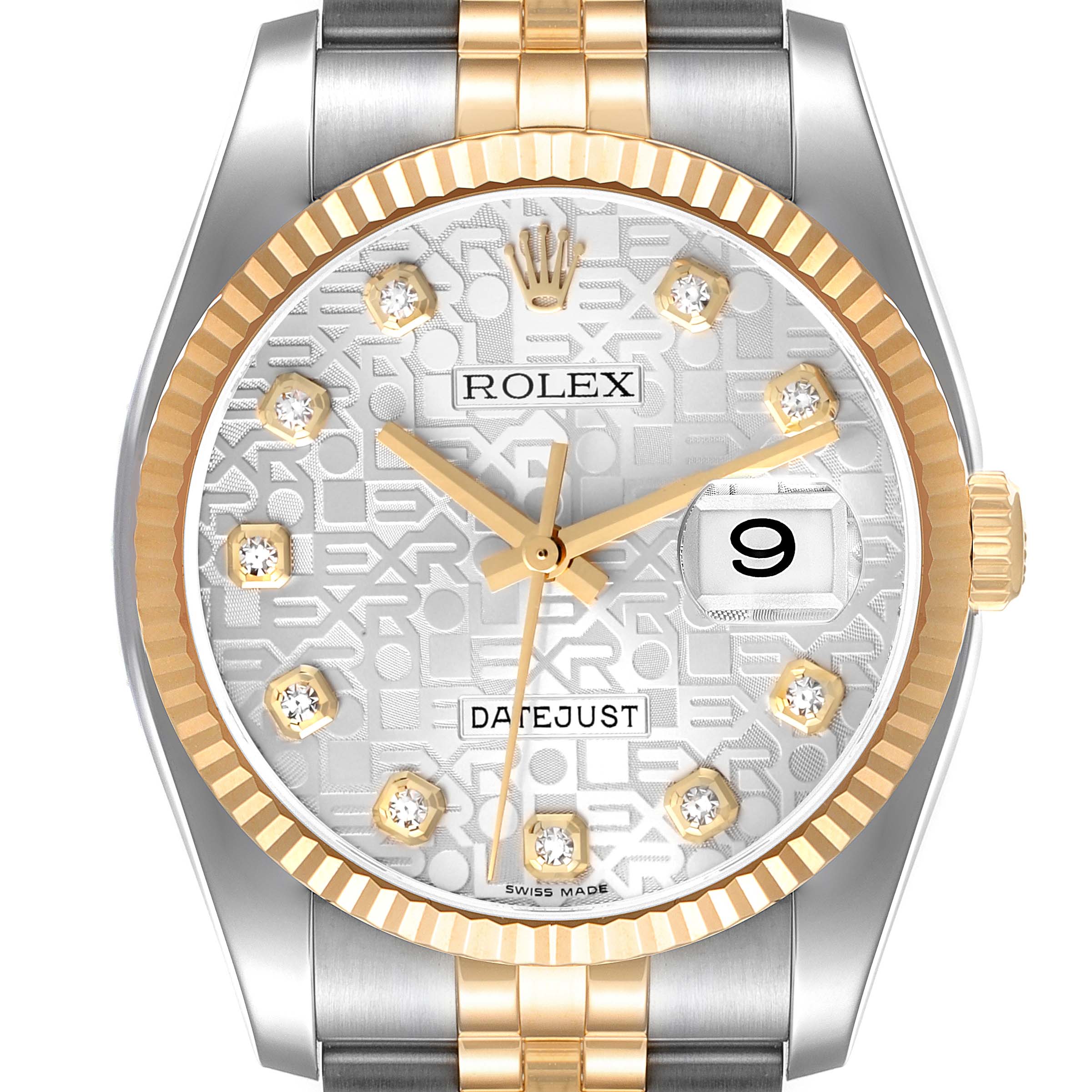 This image shows a front view of the Rolex Datejust 116233 Men's Steel and Gold (two tone) Silver Dial 116233 Men's Steel and Gold (two tone) Silver Dial watch, highlighting its dial, hands, date, and two-tone bracelet.