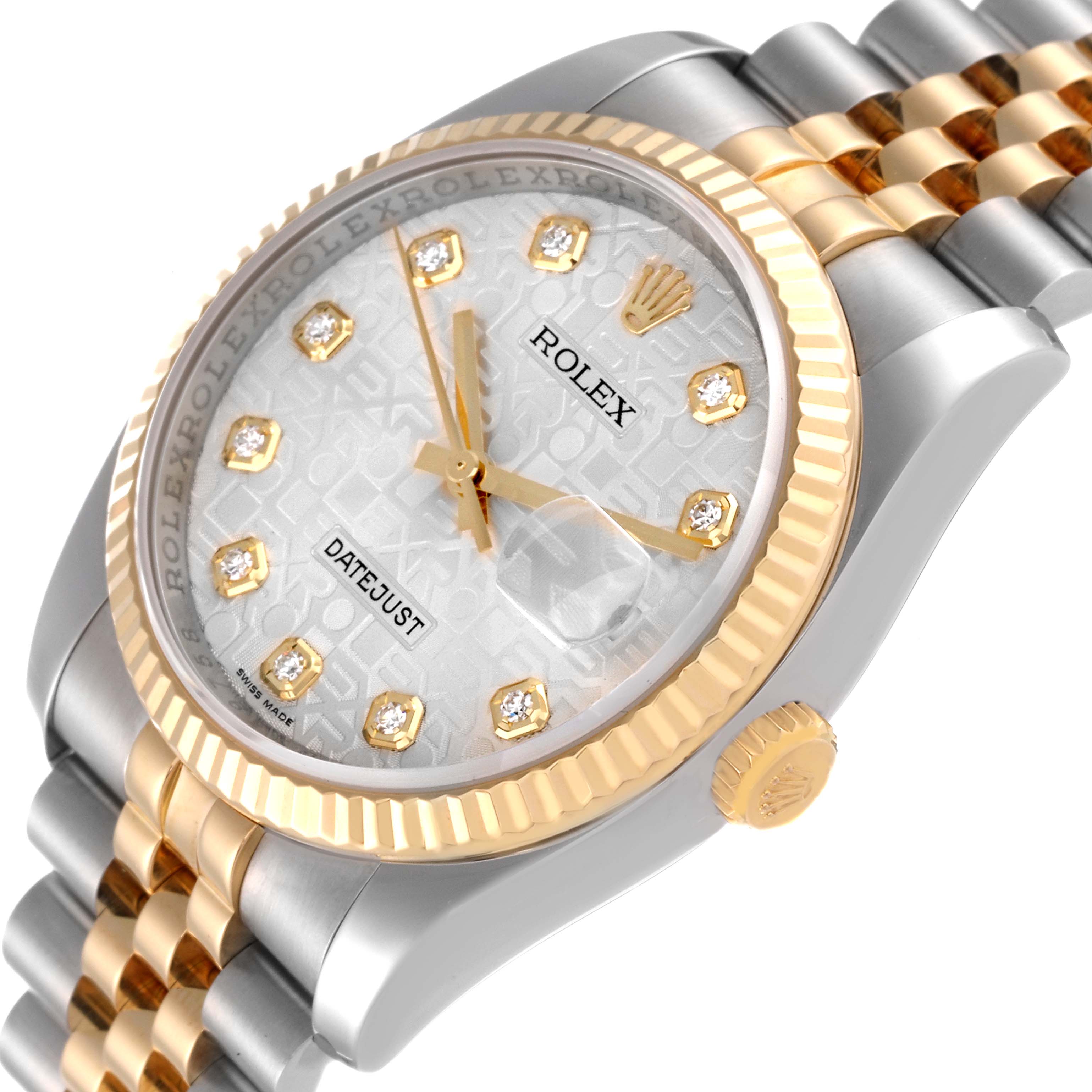 This image shows a Rolex Datejust 116233 Men's Steel and Gold (two tone) Silver Dial 116233 Men's Steel and Gold (two tone) Silver Dial watch at an angled side view, highlighting the dial, bezel, and part of the bracelet.