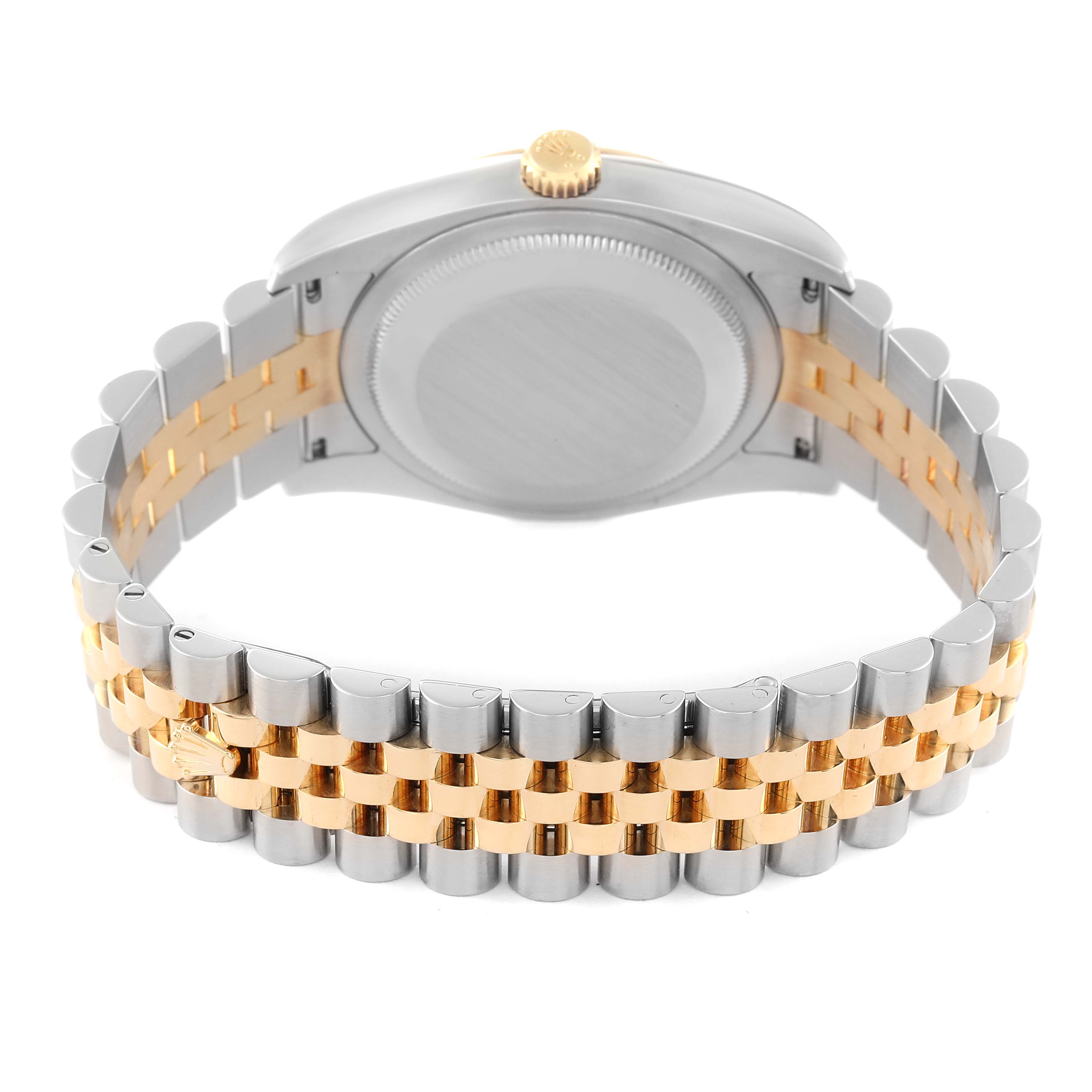 The image shows the back case and the jubilee bracelet of a Rolex Datejust 116233 Men's Steel and Gold (two tone) Silver Dial 116233 Men's Steel and Gold (two tone) Silver Dial watch from a rear angle.