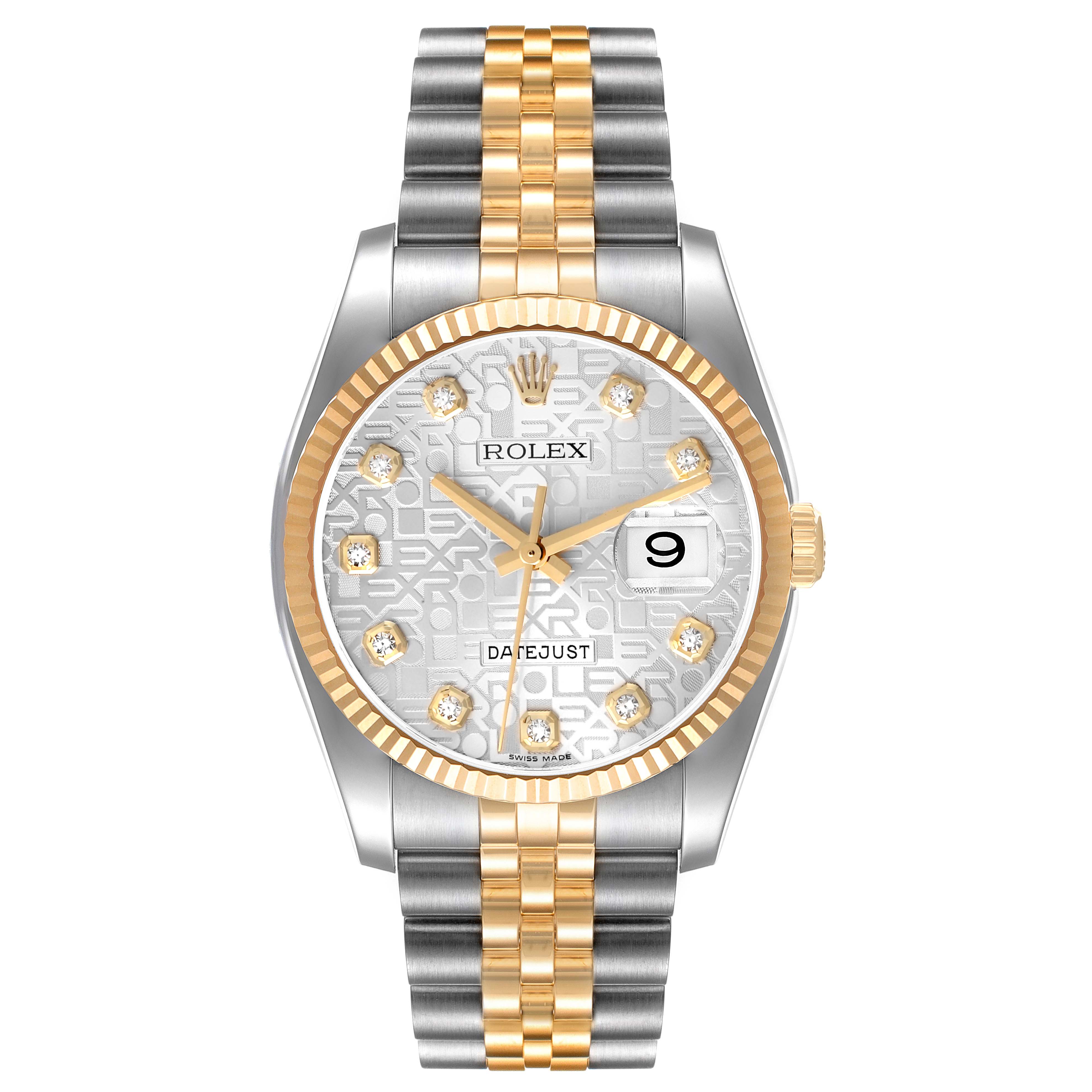 This image shows a front view of a Rolex Datejust 116233 Men's Steel and Gold (two tone) Silver Dial 116233 Men's Steel and Gold (two tone) Silver Dial watch, highlighting its dial, date window, and two-tone bracelet.