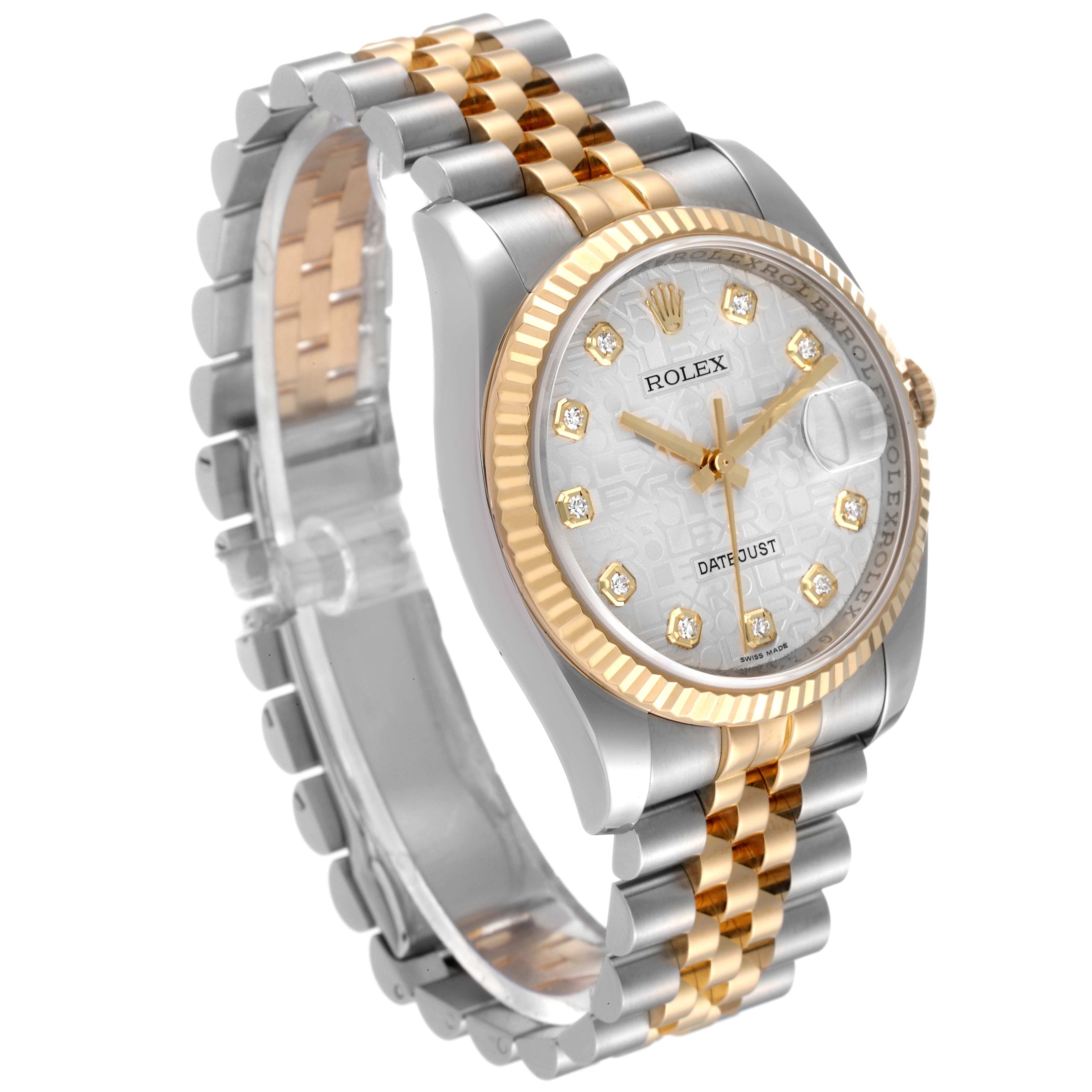 This image is a front-side angle view of the Rolex Datejust 116233 Men's Steel and Gold (two tone) Silver Dial 116233 Men's Steel and Gold (two tone) Silver Dial, showing the face, bezel, and two-tone bracelet.