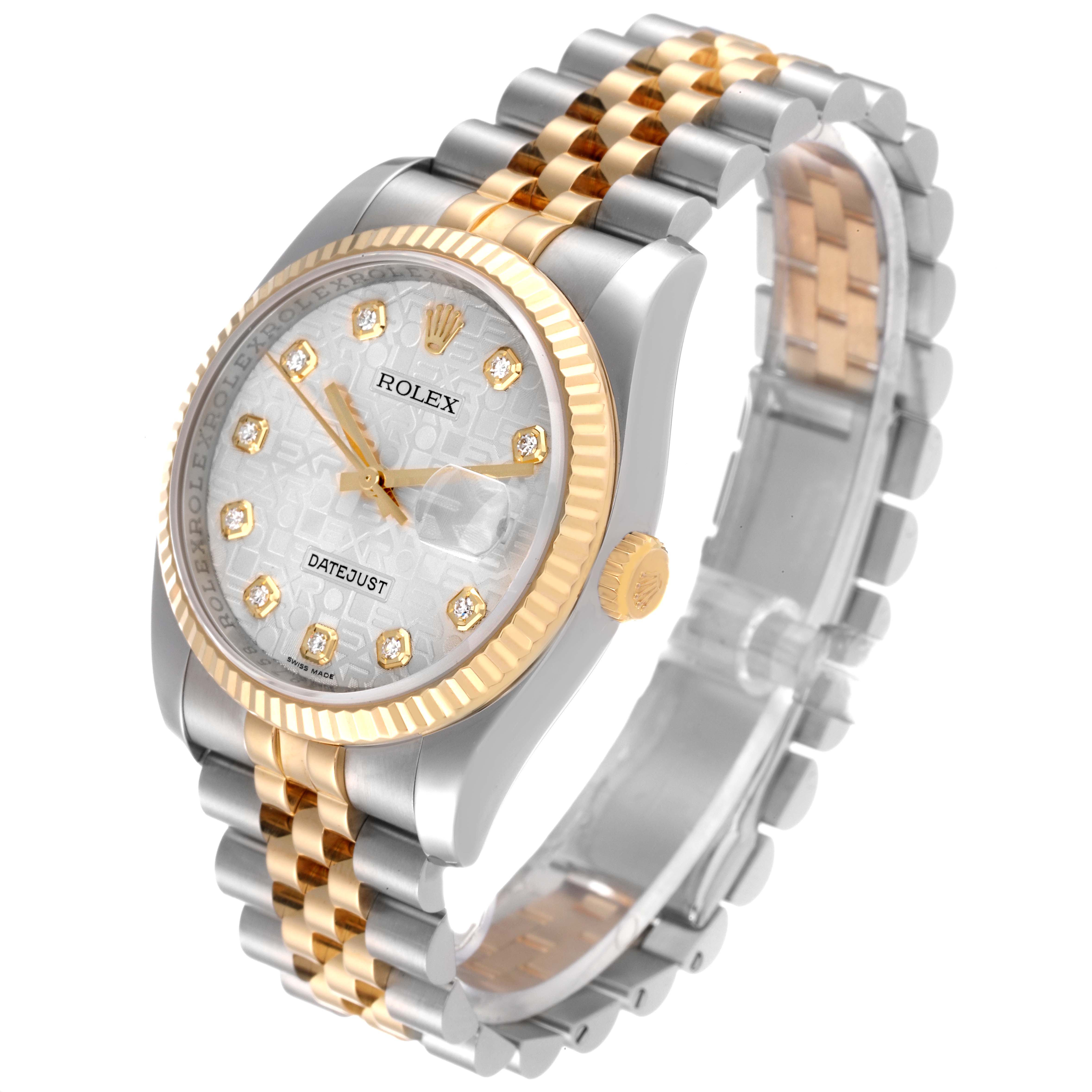 The Rolex Datejust 116233 Men's Steel and Gold (two tone) Silver Dial 116233 Men's Steel and Gold (two tone) Silver Dial watch is shown from a three-quarter angle, displaying its dial, fluted bezel, crown, and Jubilee bracelet.