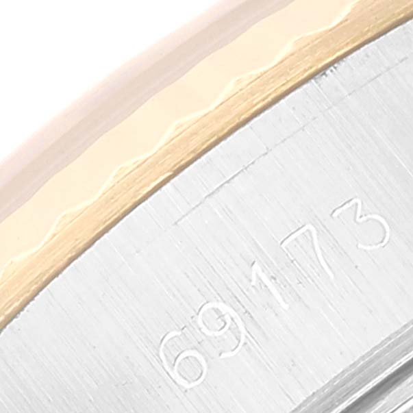 This image shows a close-up view of the side case and bezel of a Rolex Datejust 69173 Women's Steel and Gold (two tone) Black Dial 69173 Women's Steel and Gold (two tone) Black Dial watch, displaying part of the model number "69173."