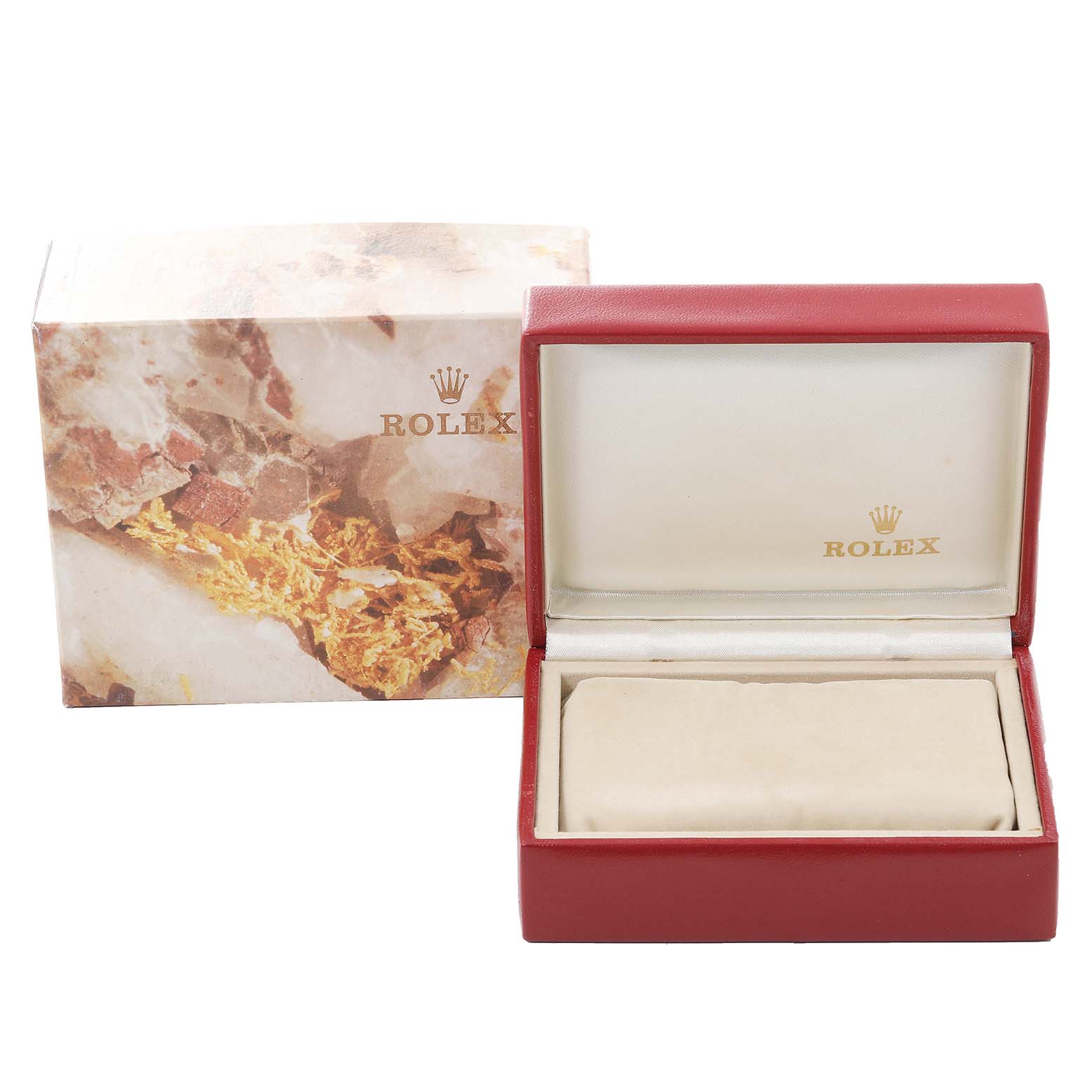 The image shows the open box and outer packaging for a Rolex Datejust 69173 Women's Steel and Gold (two tone) Black Dial 69173 Women's Steel and Gold (two tone) Black Dial watch.