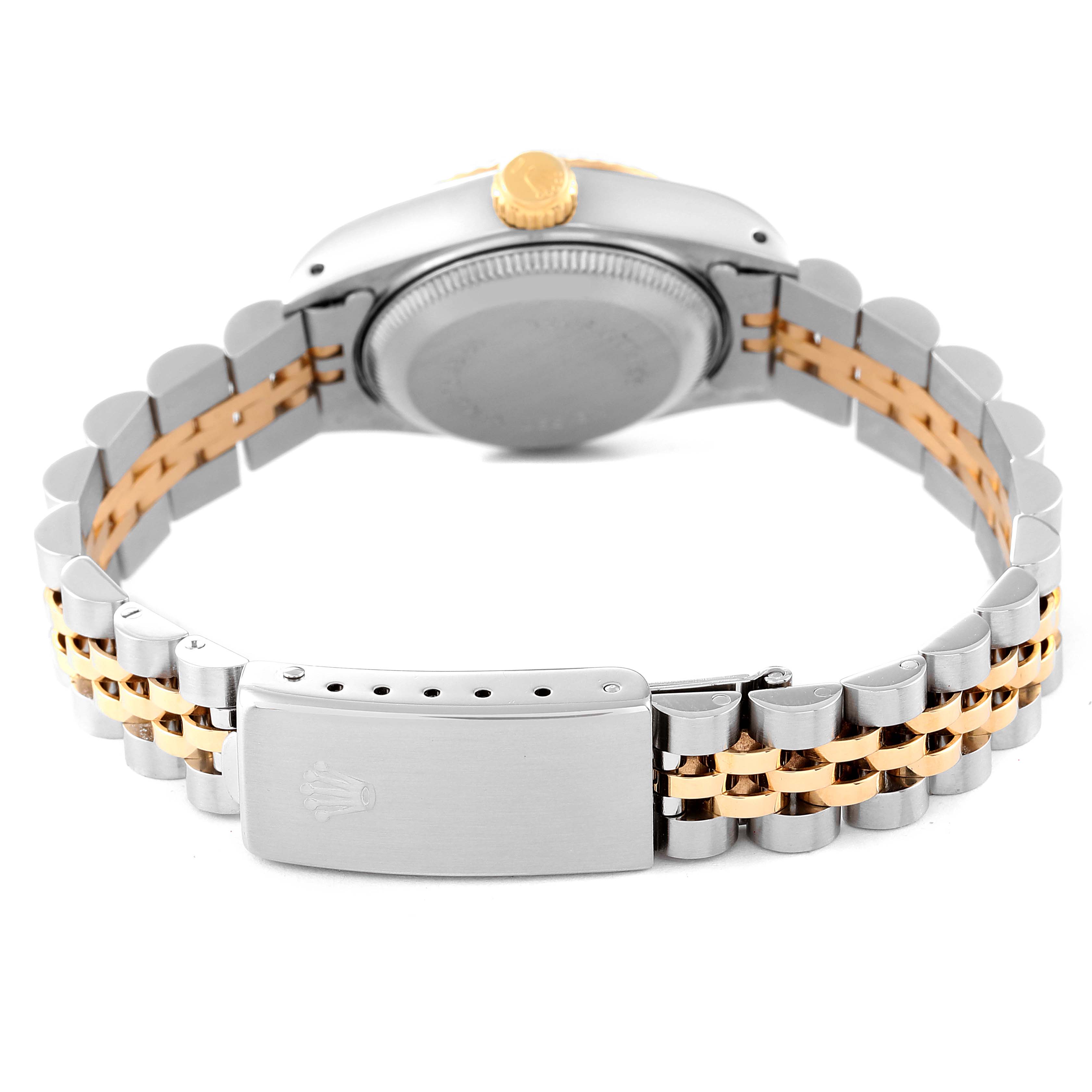 This image shows the back view of a Rolex Datejust 69173 Women's Steel and Gold (two tone) Black Dial 69173 Women's Steel and Gold (two tone) Black Dial watch, focusing on its dual-tone metal bracelet and clasp.
