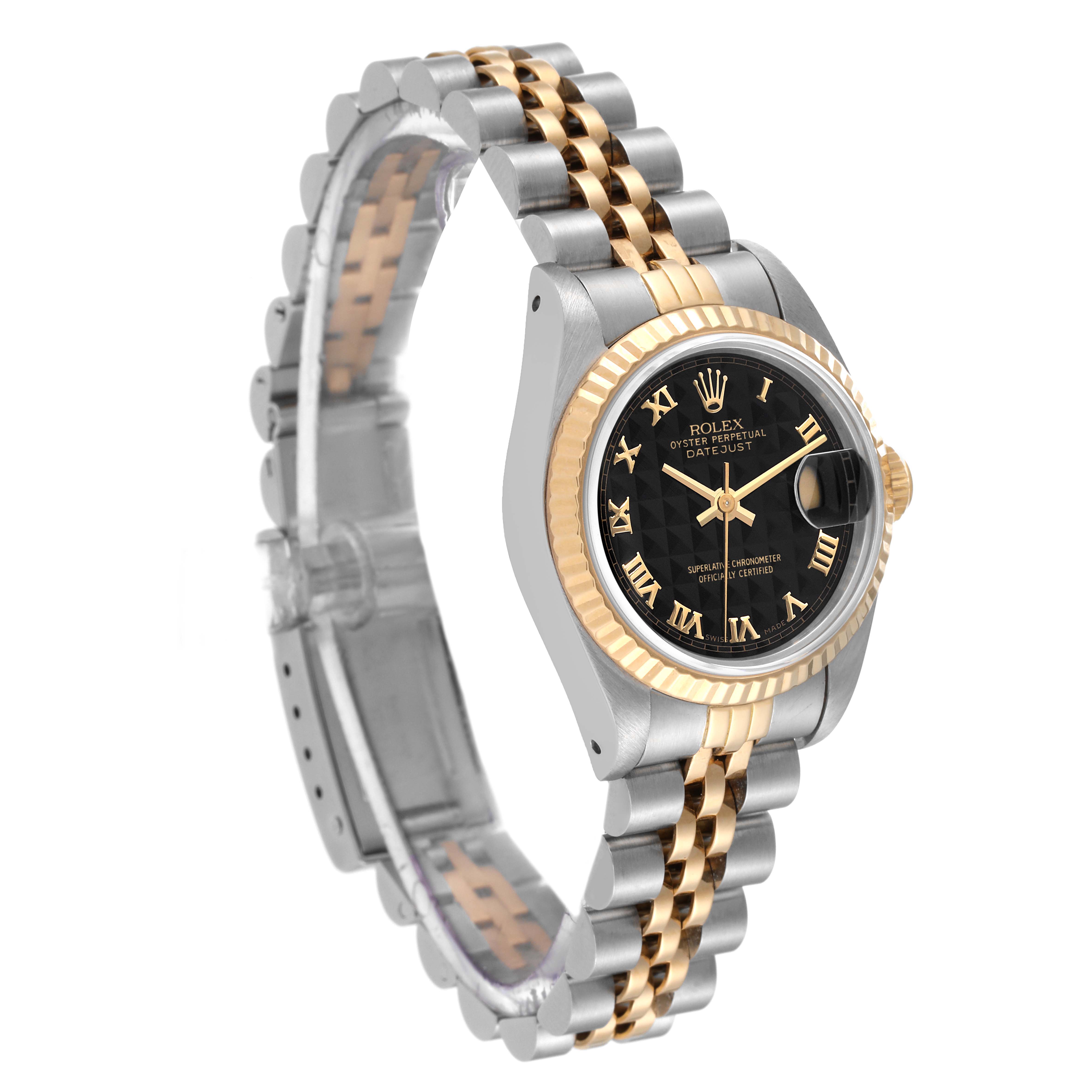 The image shows a Rolex Datejust 69173 Women's Steel and Gold (two tone) Black Dial 69173 Women's Steel and Gold (two tone) Black Dial watch angled to display its face, bezel, and two-tone bracelet.