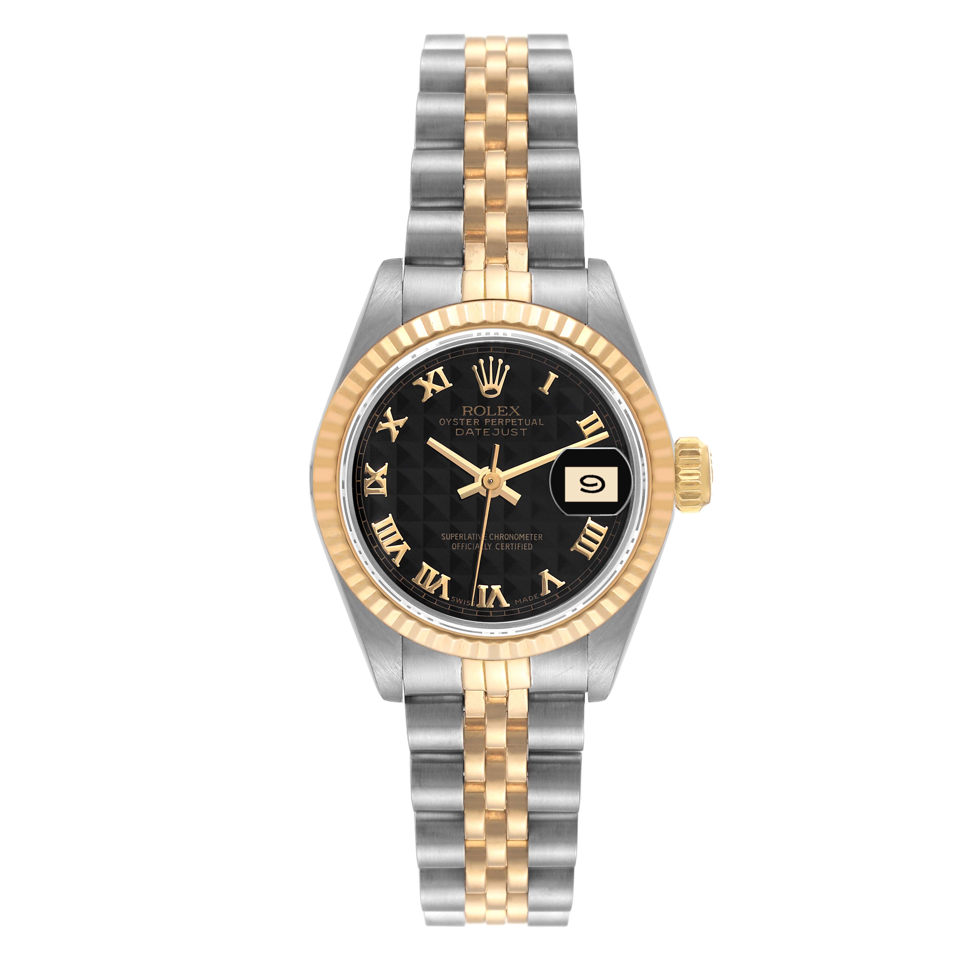 This image shows a frontal view of a Rolex Datejust 69173 Women's Steel and Gold (two tone) Black Dial 69173 Women's Steel and Gold (two tone) Black Dial watch, highlighting its black dial, gold bezel, and two-tone bracelet.