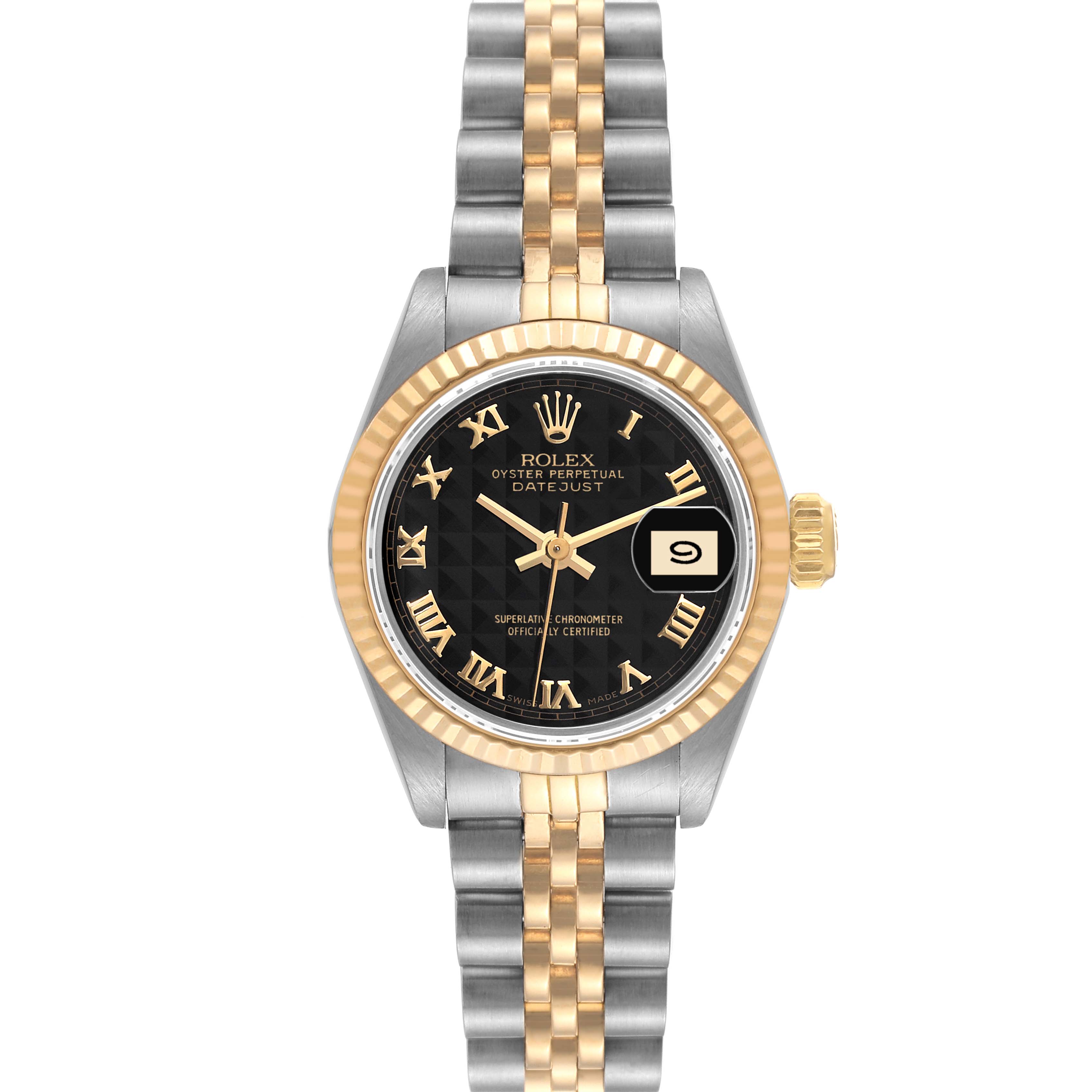 The image shows a Rolex Datejust 69173 Women's Steel and Gold (two tone) Black Dial 69173 Women's Steel and Gold (two tone) Black Dial watch from a front view, highlighting its face, bezel, and partial bracelet.