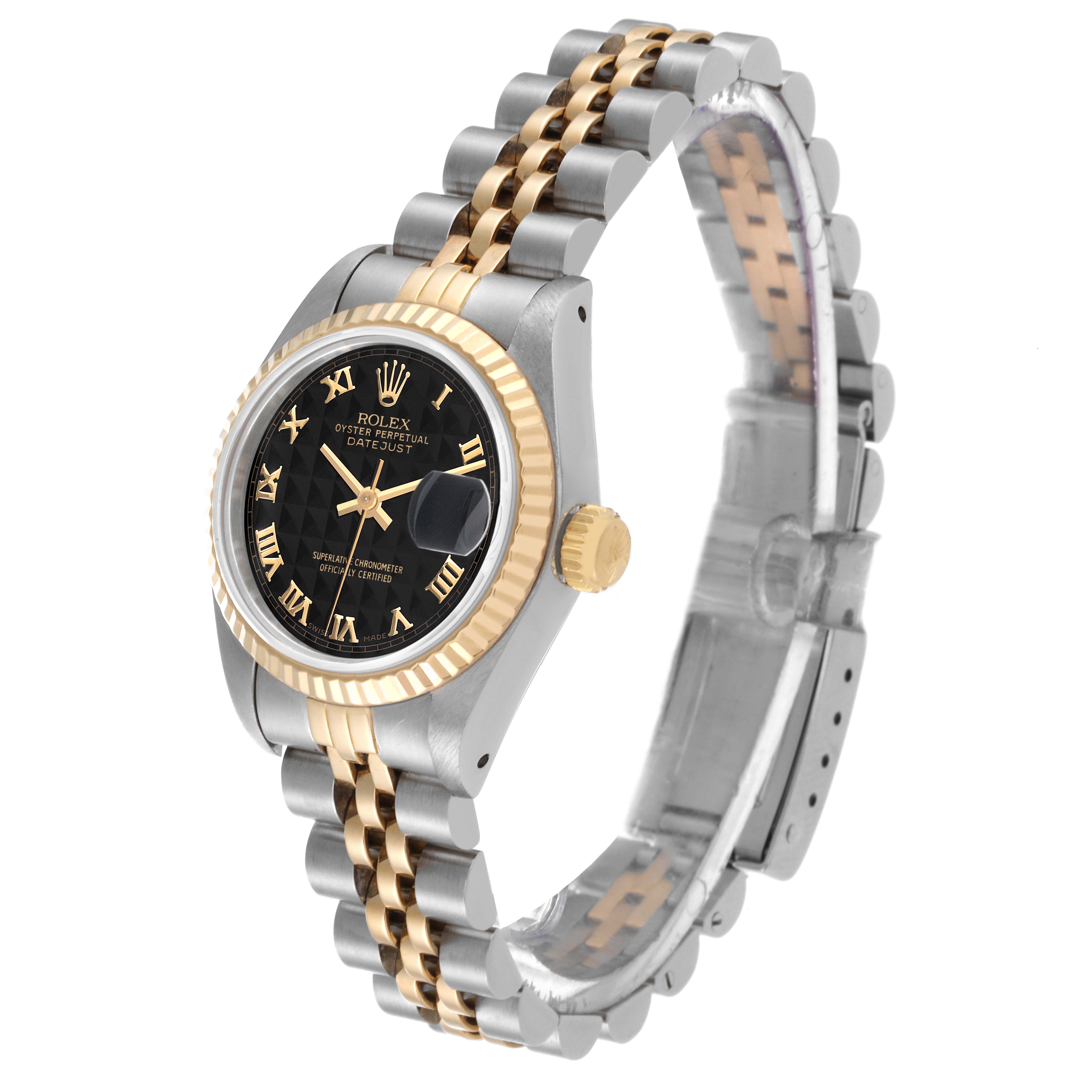 The image shows a Rolex Datejust 69173 Women's Steel and Gold (two tone) Black Dial 69173 Women's Steel and Gold (two tone) Black Dial watch at a slight angle, showcasing its bezel, dial, crown, and two-tone bracelet.