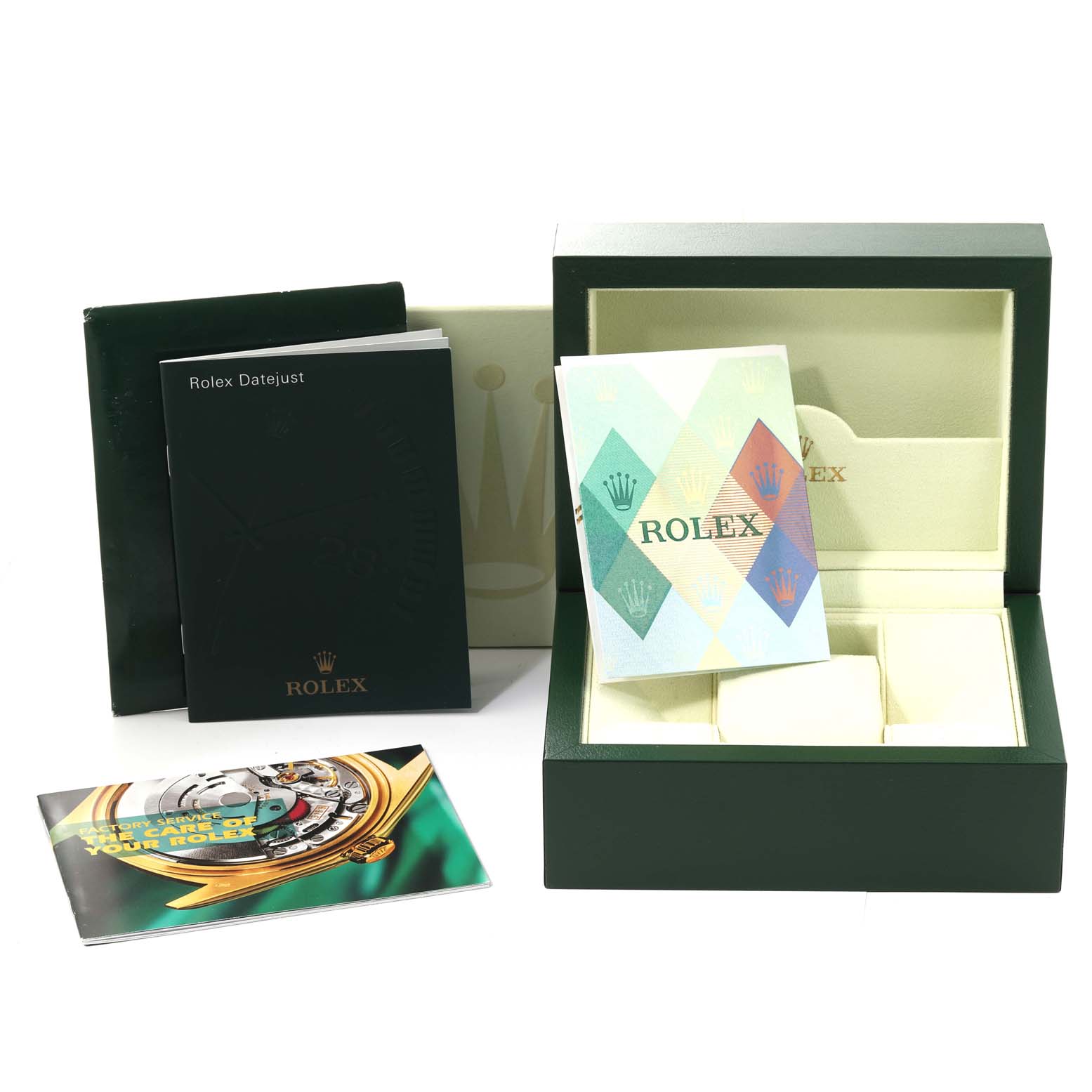 This image shows the accessories of a Rolex Datejust 116233 Men's Stainless Steel Black Dial 116233 Men's Stainless Steel Black Dial, including the box, manuals, and warranty card, but not the watch itself.