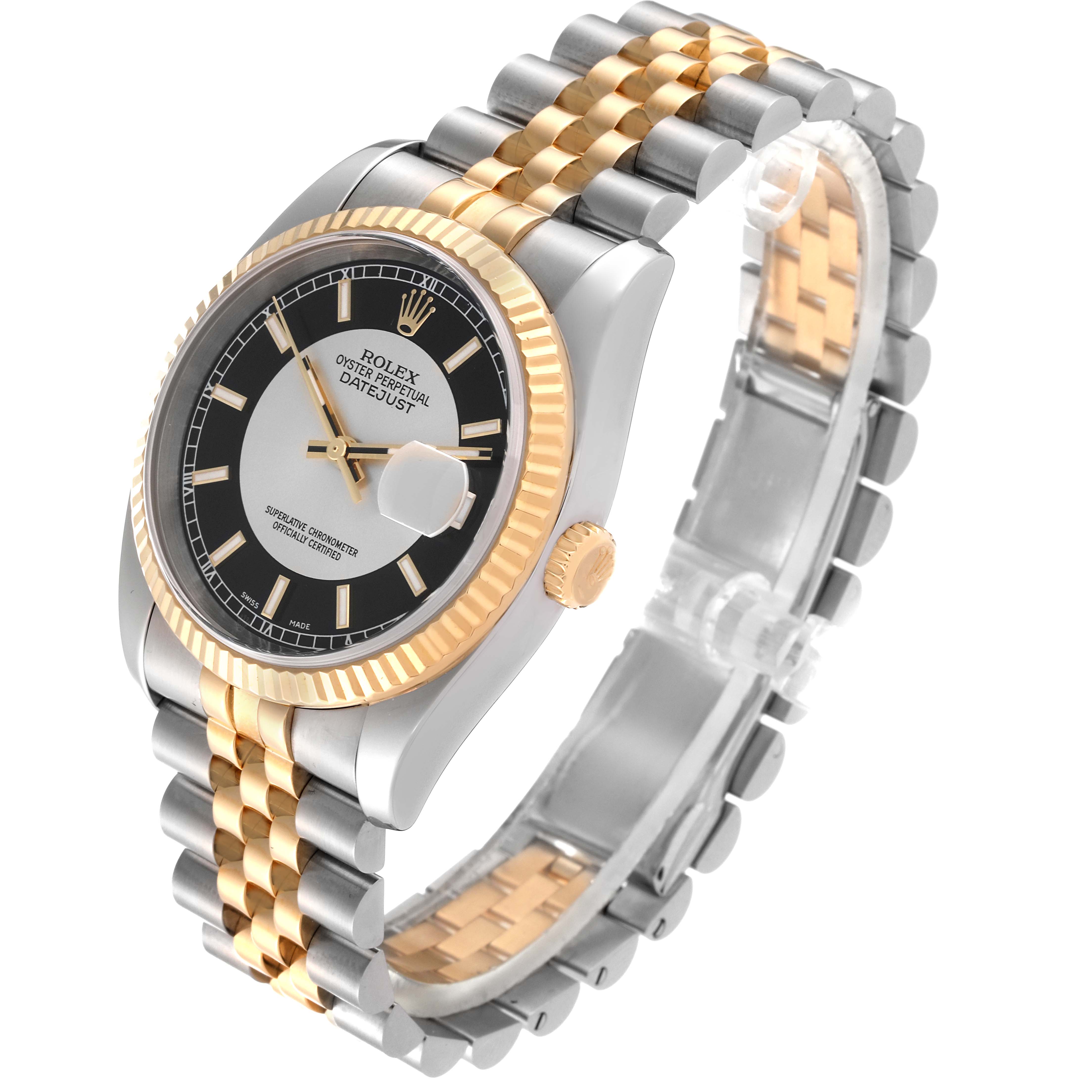 The Rolex Datejust 116233 Men's Stainless Steel Black Dial 116233 Men's Stainless Steel Black Dial watch is shown at an angle displaying its dial, bezel, crown, and two-tone bracelet.