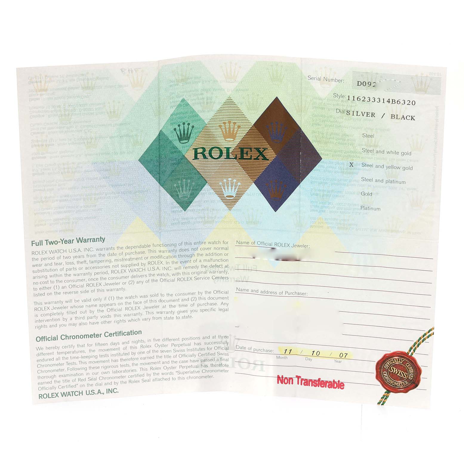 This image shows the official warranty and certification paperwork for the Rolex Datejust 116233 Men's Stainless Steel Black Dial 116233 Men's Stainless Steel Black Dial model watch.