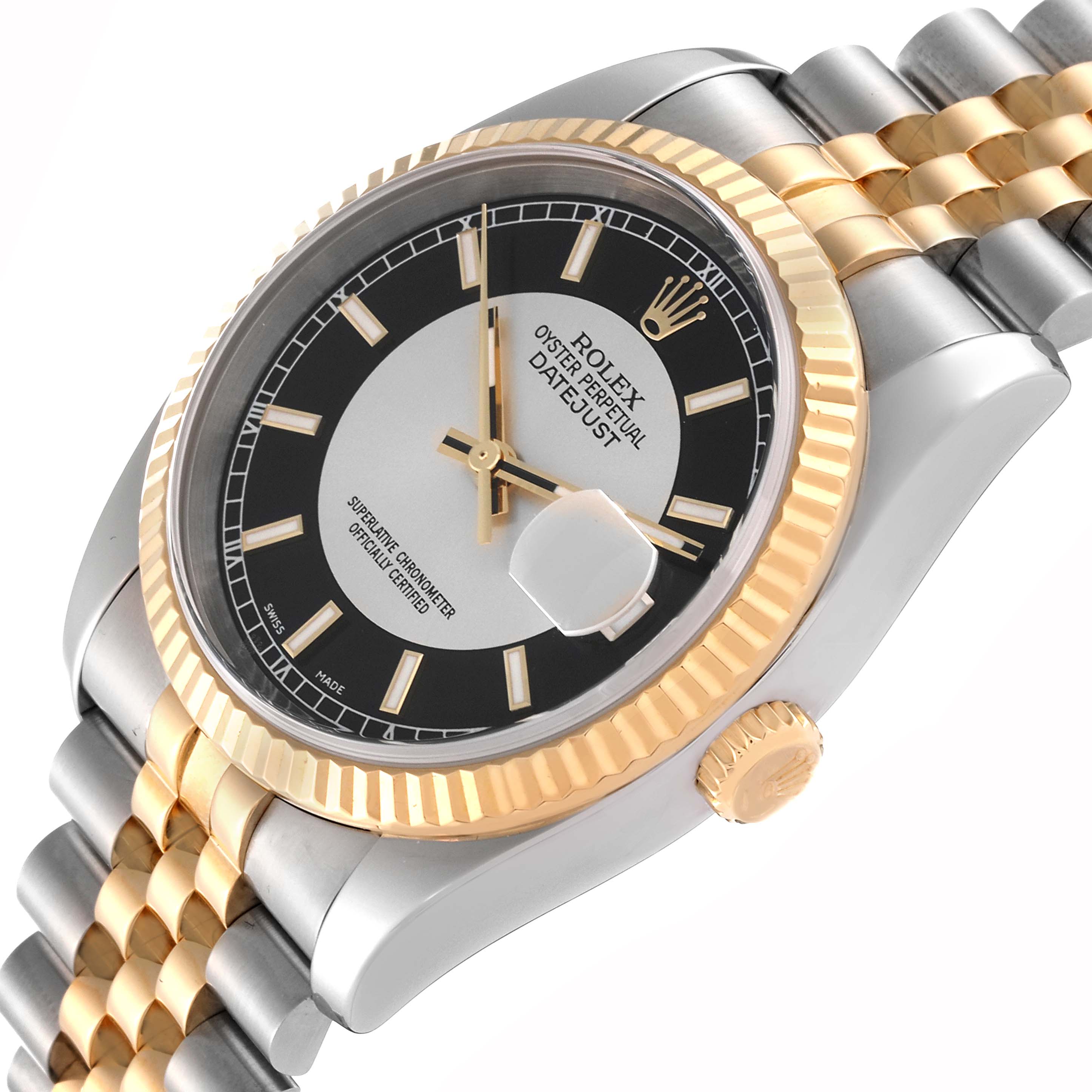 The image shows a Rolex Datejust 116233 Men's Stainless Steel Black Dial 116233 Men's Stainless Steel Black Dial watch at an angled side view, highlighting its dial, bezel, and two-tone Jubilee bracelet.