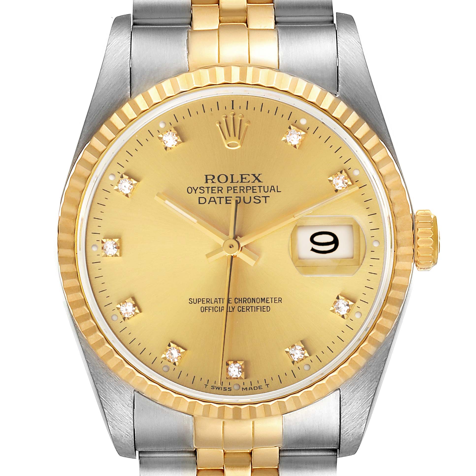 The image shows a frontal view of a Rolex Datejust 16233 Men's Steel and Gold (two tone) Champagne Dial 16233 Men's Steel and Gold (two tone) Champagne Dial watch, highlighting the gold dial, hour markers, and date window.