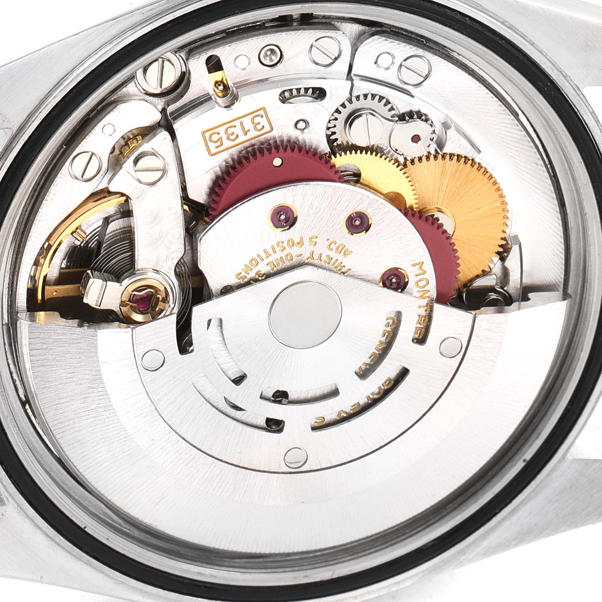 The image shows the internal mechanism of a Rolex Datejust 16233 Men's Steel and Gold (two tone) Champagne Dial 16233 Men's Steel and Gold (two tone) Champagne Dial watch, viewed from the back.