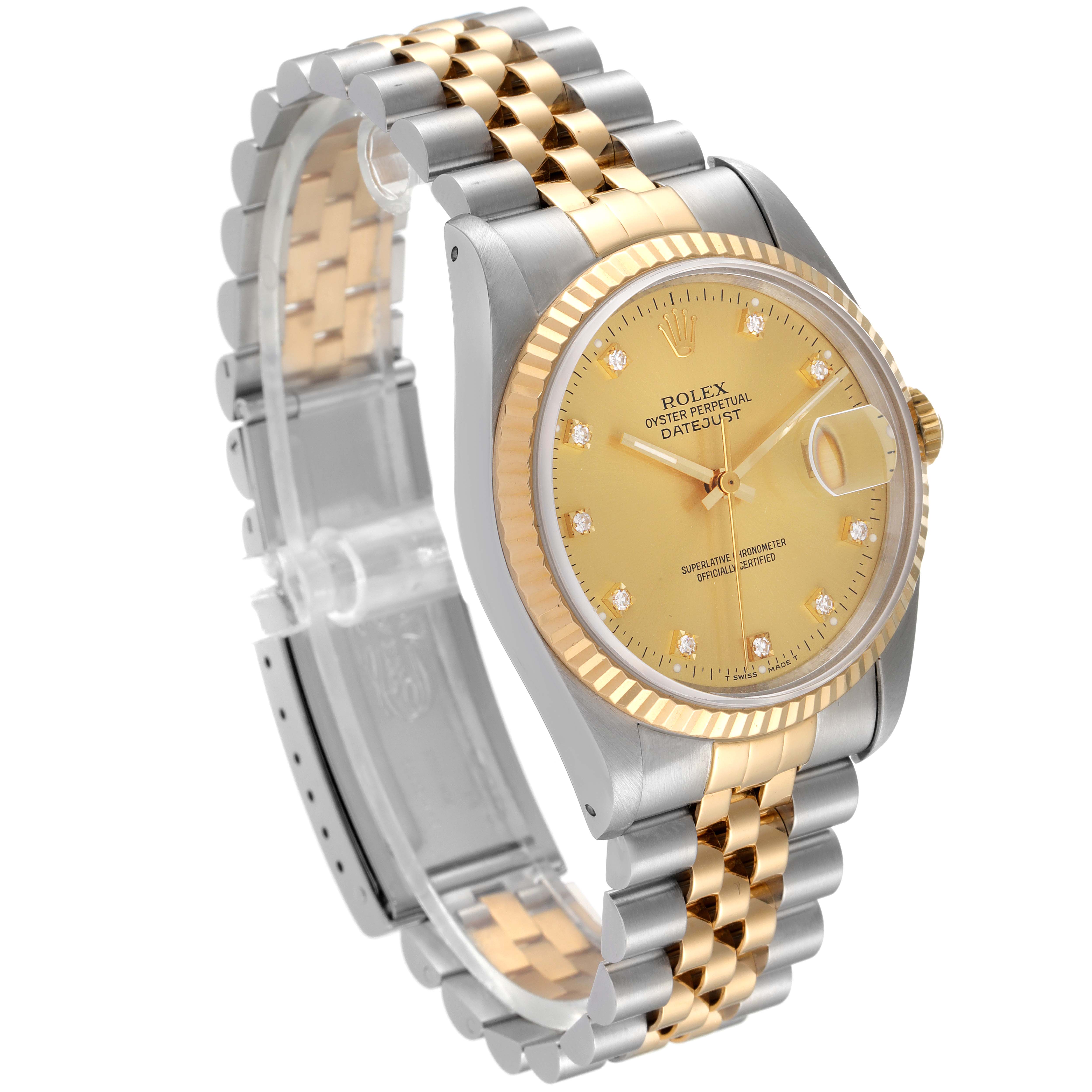 The image shows a Rolex Datejust 16233 Men's Steel and Gold (two tone) Champagne Dial 16233 Men's Steel and Gold (two tone) Champagne Dial watch at a three-quarter angle, highlighting its two-tone bracelet and gold dial with date.
