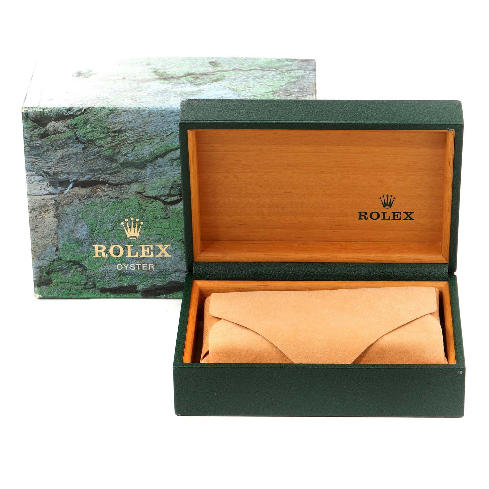 The image shows an open Rolex Datejust 16233 Men's Steel and Gold (two tone) Champagne Dial 16233 Men's Steel and Gold (two tone) Champagne Dial watch box with an outer green box and inner wooden box containing a tan pouch.