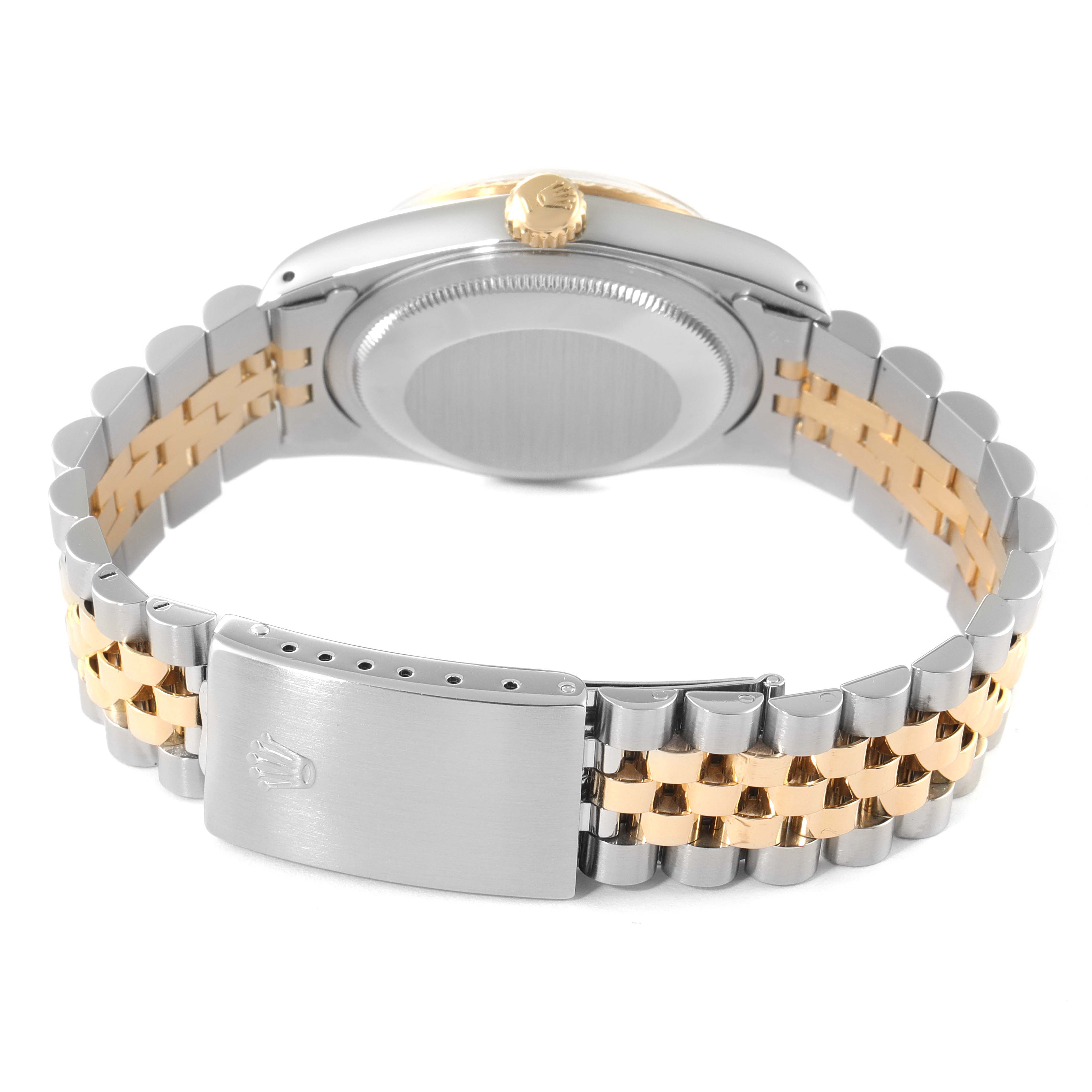 The image shows the back angle of a Rolex Datejust 16233 Men's Steel and Gold (two tone) Champagne Dial 16233 Men's Steel and Gold (two tone) Champagne Dial watch, highlighting the clasp, case back, and two-tone bracelet.