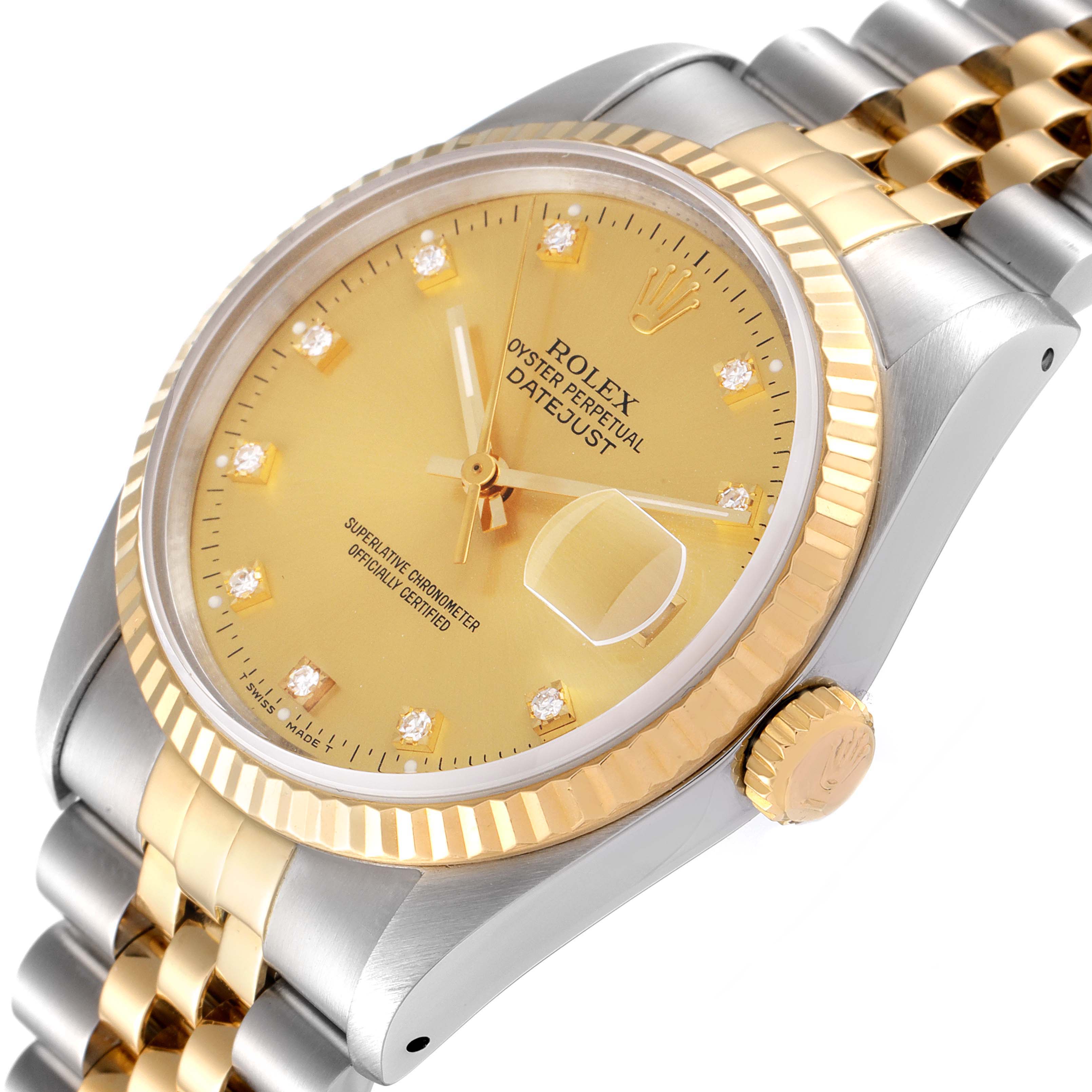 The image shows a close-up angle of the Rolex Datejust 16233 Men's Steel and Gold (two tone) Champagne Dial 16233 Men's Steel and Gold (two tone) Champagne Dial model, highlighting the dial, bezel, crown, and part of the bracelet.