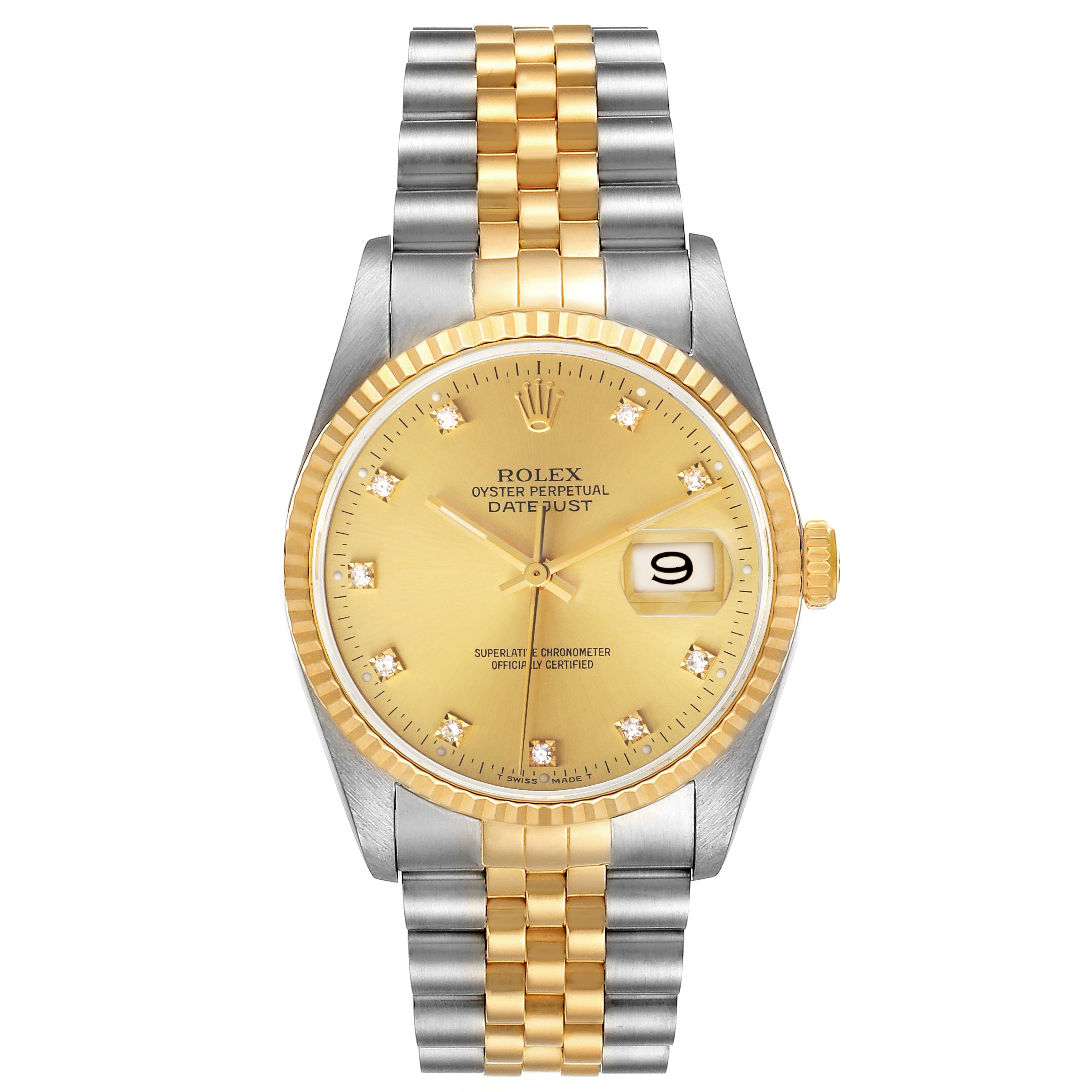 This image shows the front view of a Rolex Datejust 16233 Men's Steel and Gold (two tone) Champagne Dial 16233 Men's Steel and Gold (two tone) Champagne Dial watch, highlighting the dial, hands, bezel, and bracelet.
