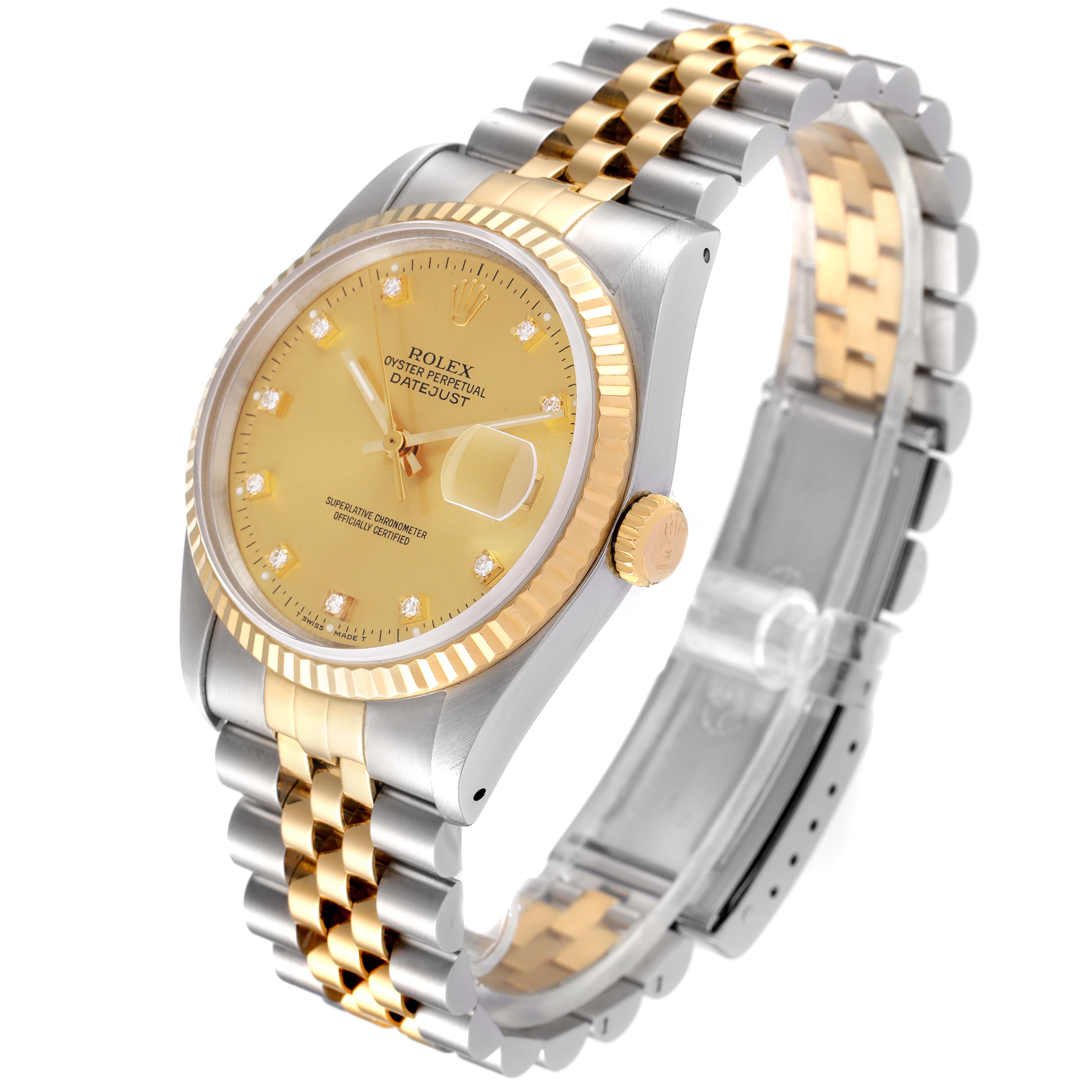 This Rolex Datejust 16233 Men's Steel and Gold (two tone) Champagne Dial 16233 Men's Steel and Gold (two tone) Champagne Dial model is shown at an angle highlighting the dial, bezel, crown, and jubilee bracelet.